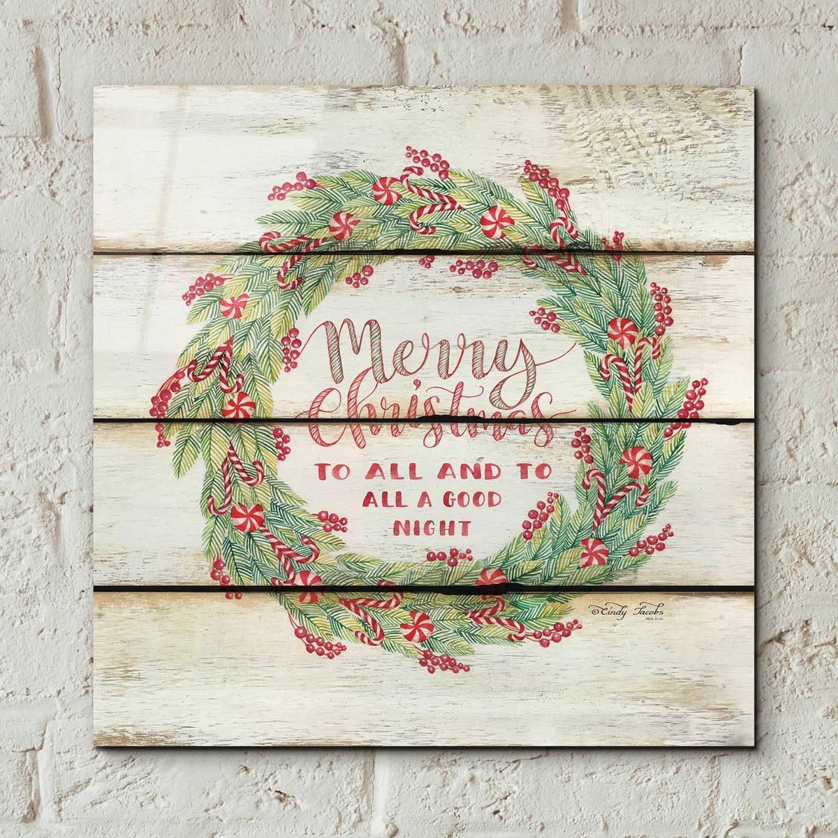 Merry Christmas Candy Cane Wreath by Cindy Jacobs - 12x12 acrylic wall art in a room