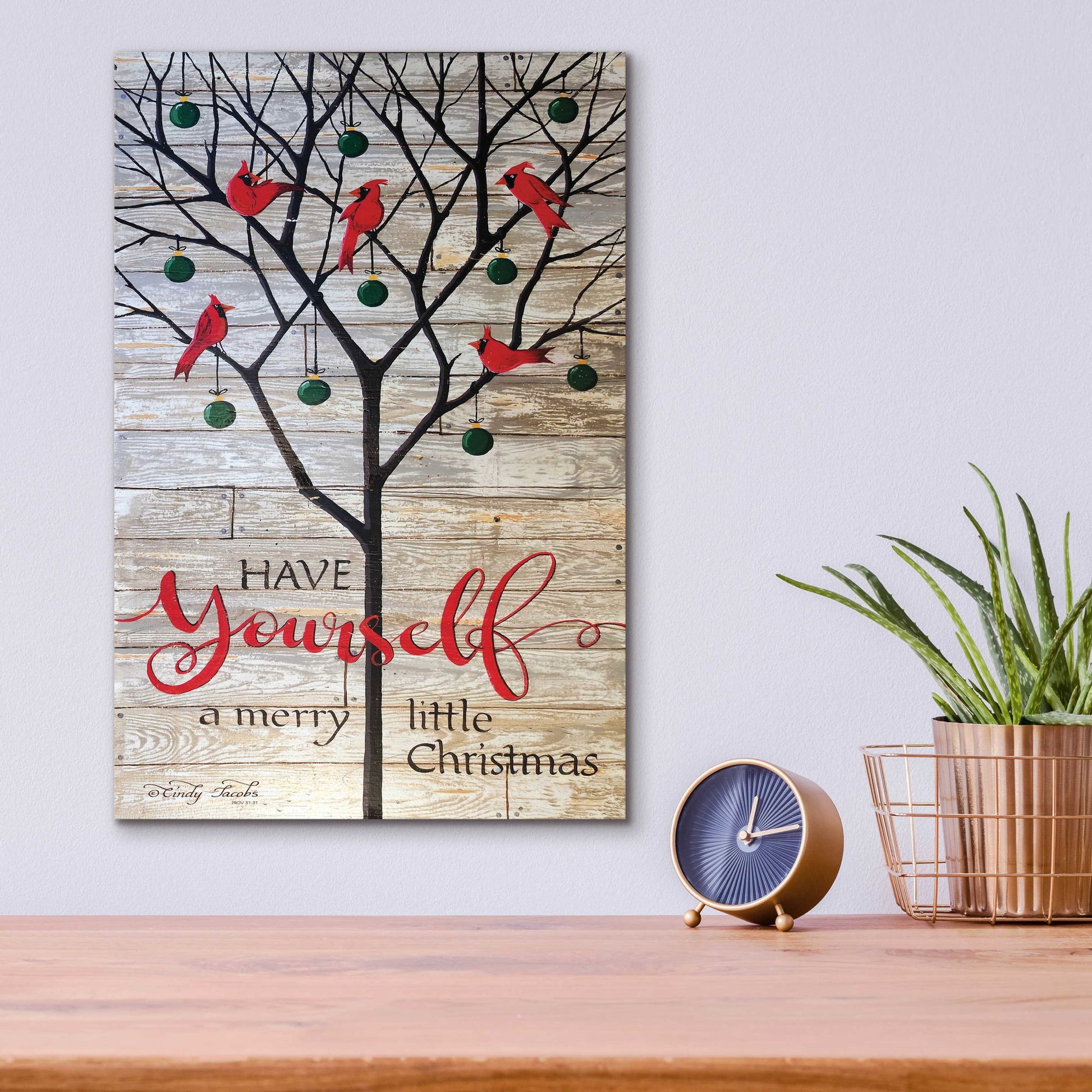 Epic Art 'Merry Little Red Cardinals Christmas' by Cindy Jacobs, Acrylic Glass Wall Art,12x16