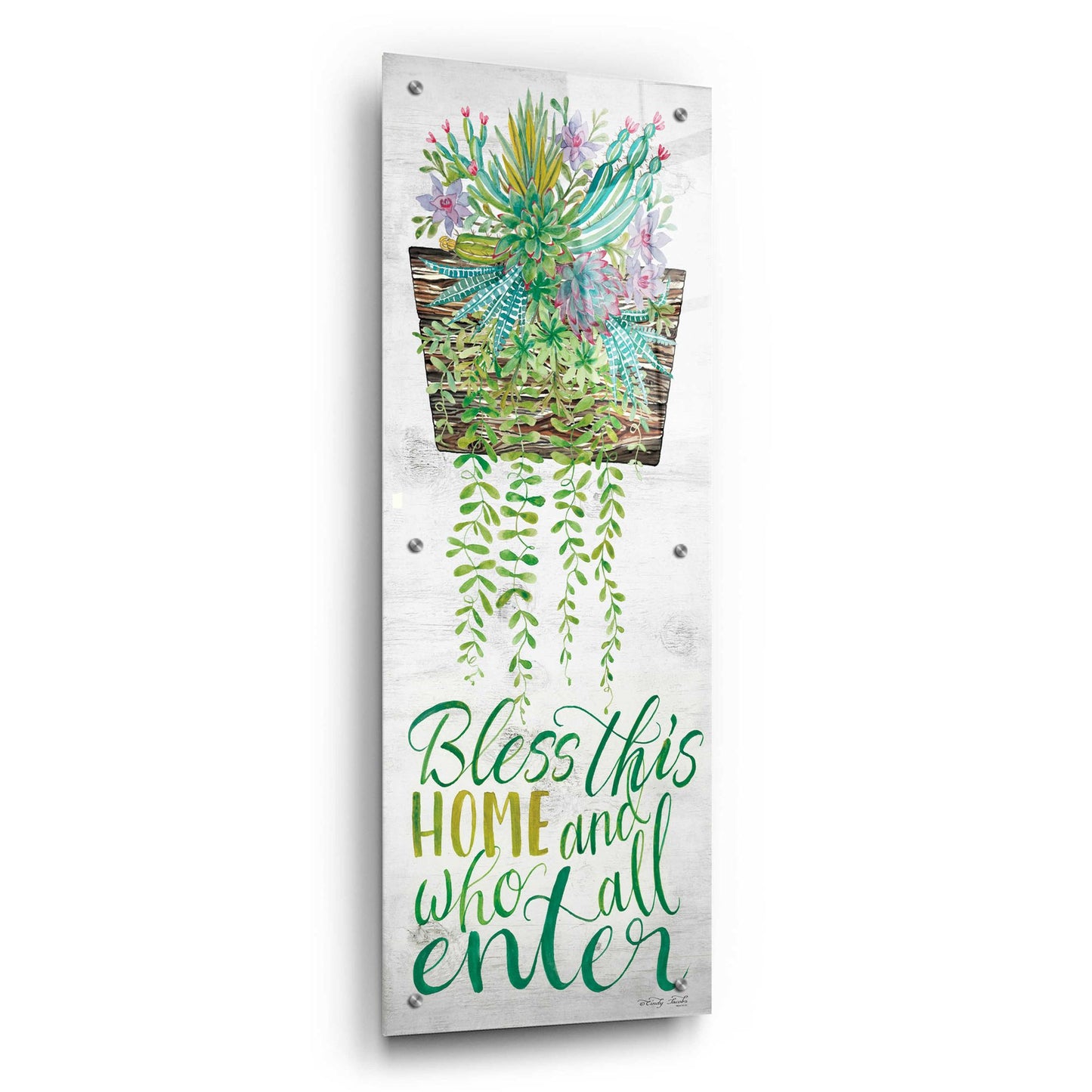 Epic Art 'Bless This Home Hanging Plant' by Cindy Jacobs, Acrylic Glass Wall Art,12x36