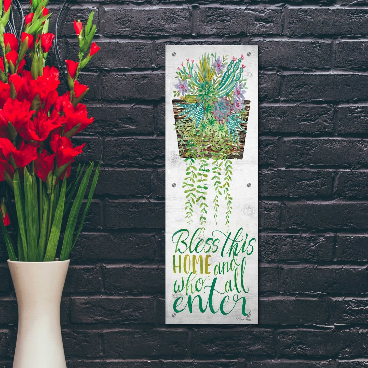 Epic Art 'Bless This Home Hanging Plant' by Cindy Jacobs, Acrylic Glass Wall Art,12x36