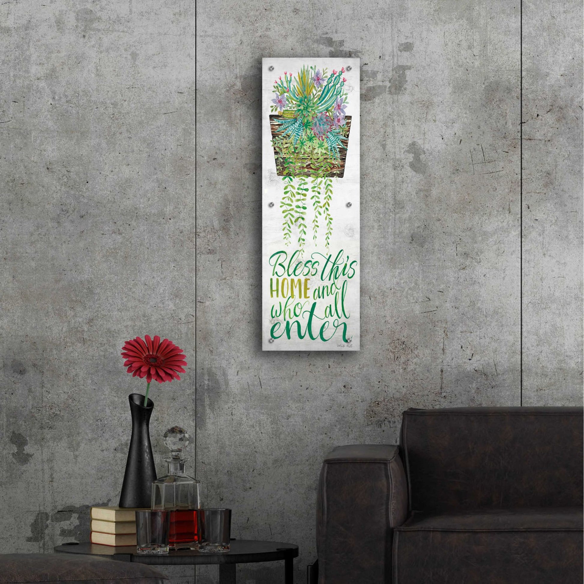 Epic Art 'Bless This Home Hanging Plant' by Cindy Jacobs, Acrylic Glass Wall Art,12x36