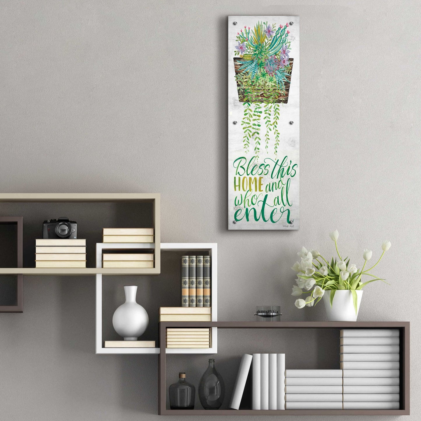 Epic Art 'Bless This Home Hanging Plant' by Cindy Jacobs, Acrylic Glass Wall Art,12x36