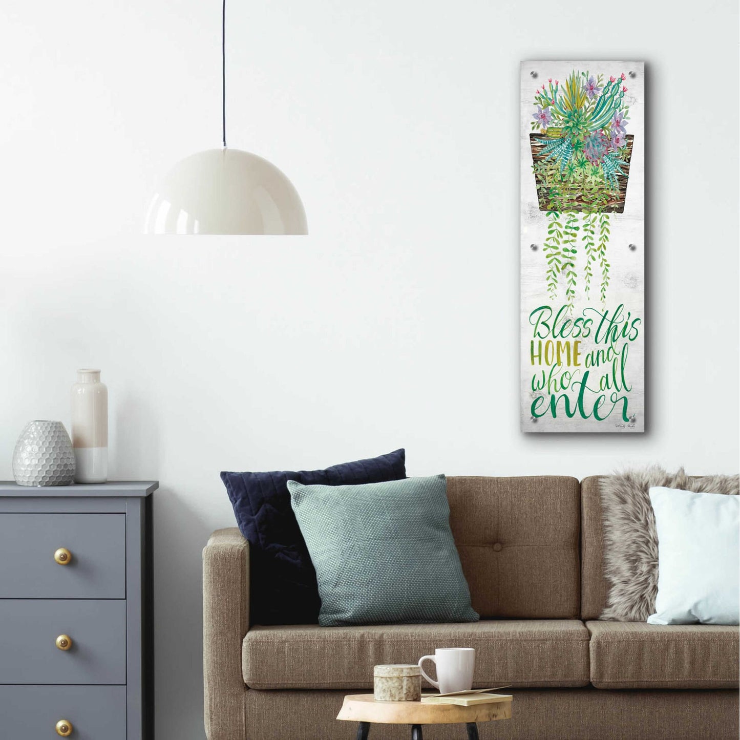 Epic Art 'Bless This Home Hanging Plant' by Cindy Jacobs, Acrylic Glass Wall Art,12x36