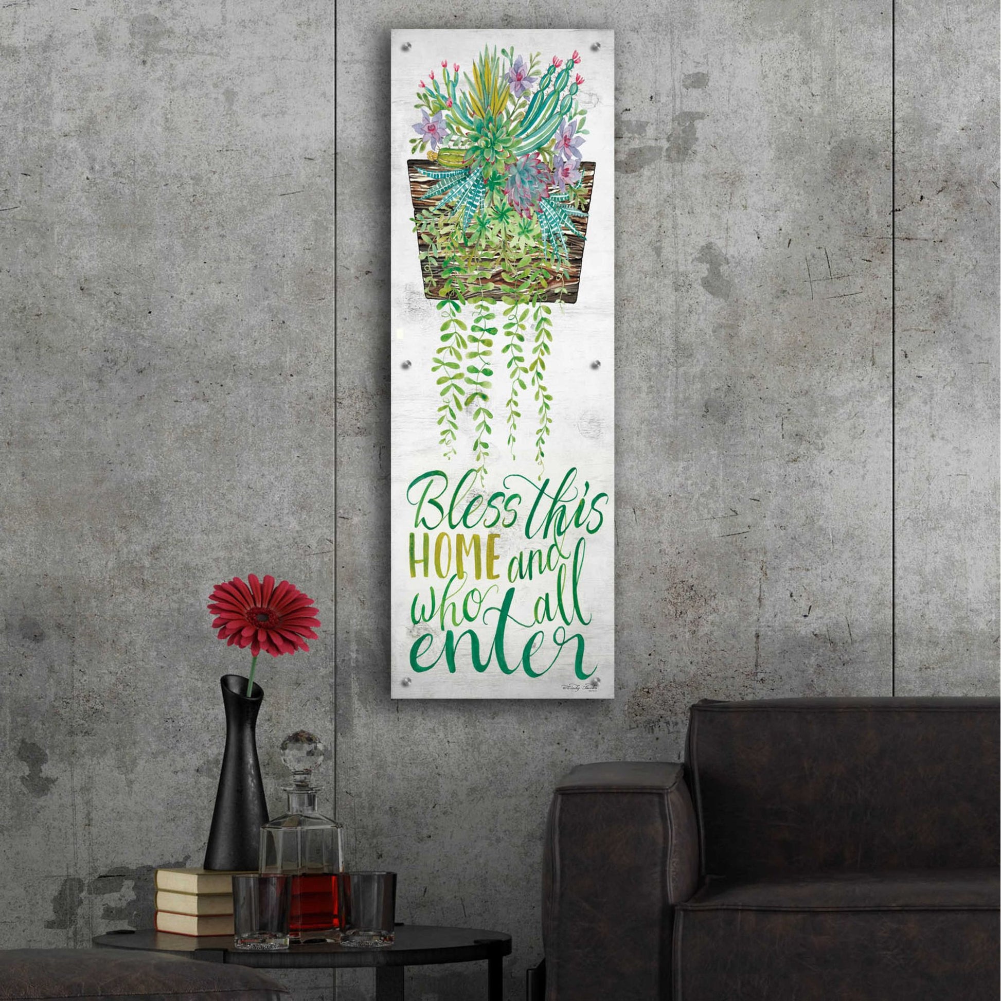 Epic Art 'Bless This Home Hanging Plant' by Cindy Jacobs, Acrylic Glass Wall Art,16x48