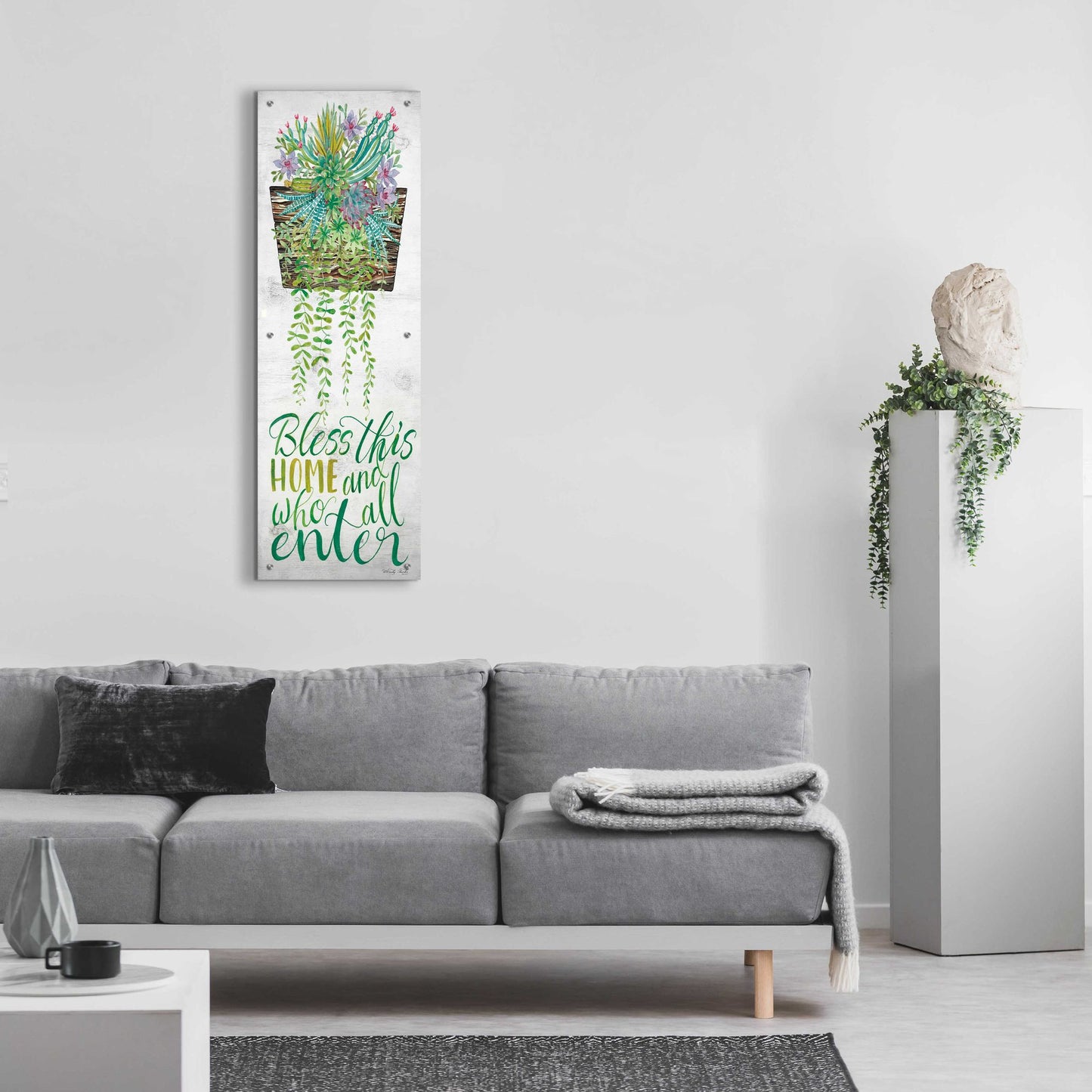 Epic Art 'Bless This Home Hanging Plant' by Cindy Jacobs, Acrylic Glass Wall Art,16x48