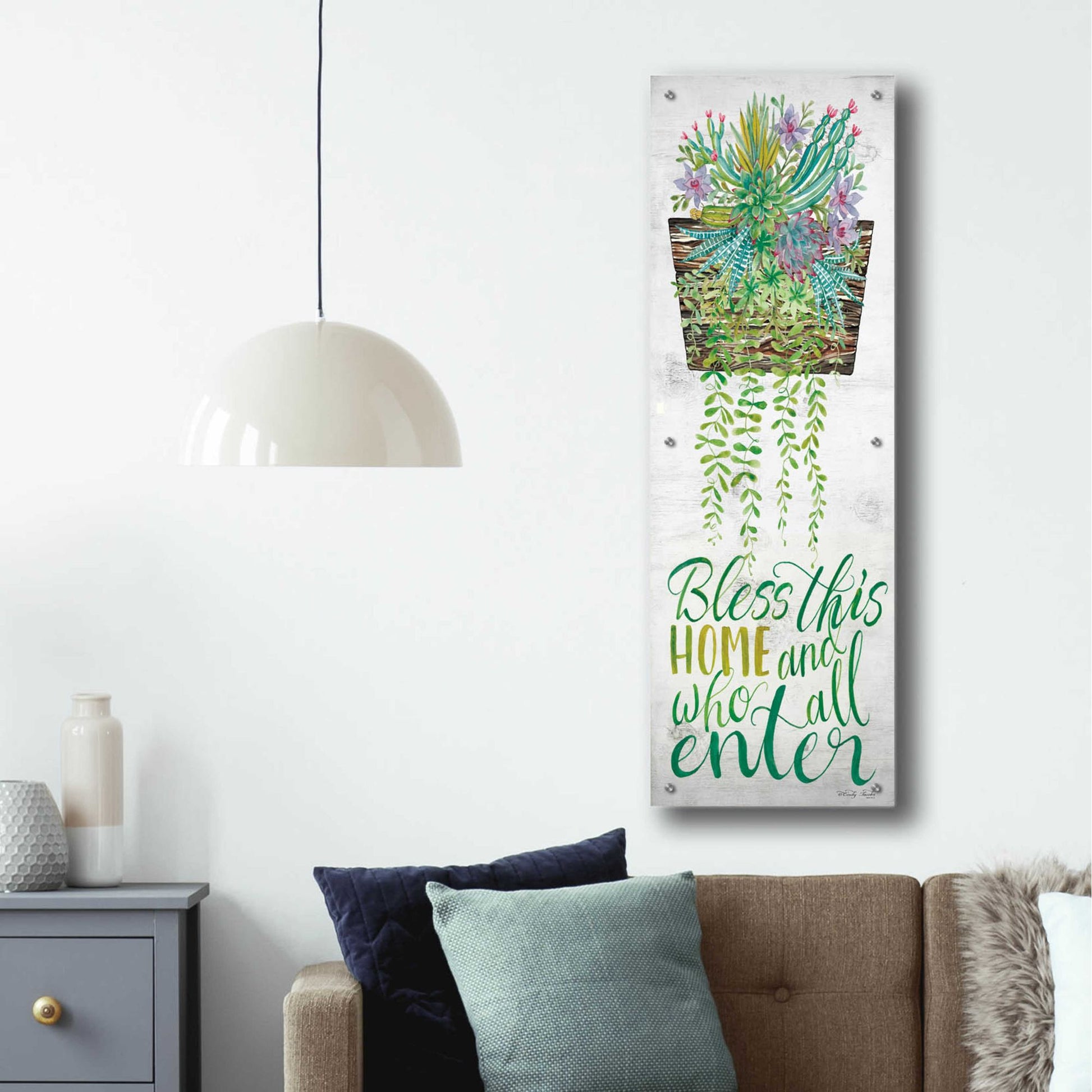 Epic Art 'Bless This Home Hanging Plant' by Cindy Jacobs, Acrylic Glass Wall Art,16x48