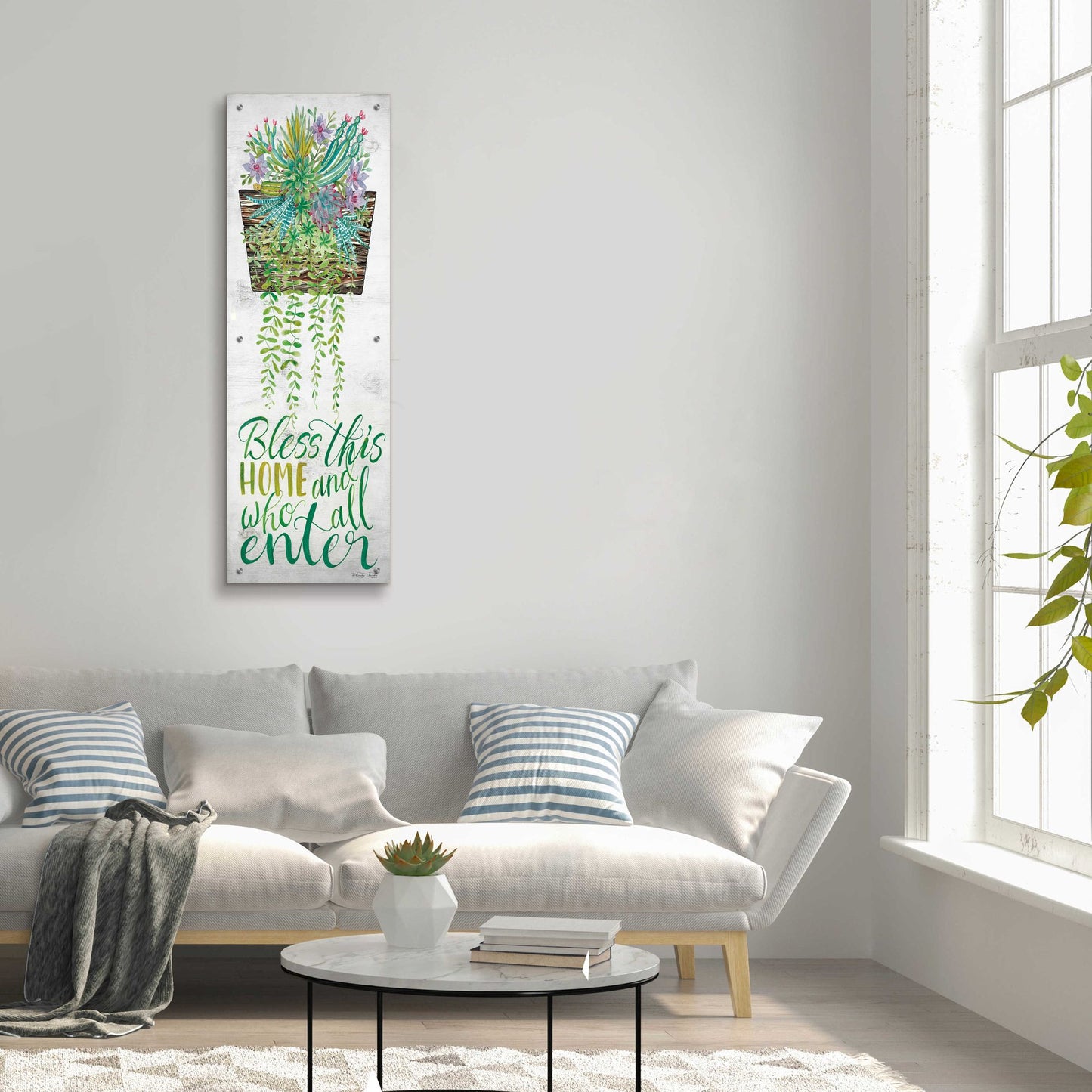 Epic Art 'Bless This Home Hanging Plant' by Cindy Jacobs, Acrylic Glass Wall Art,16x48