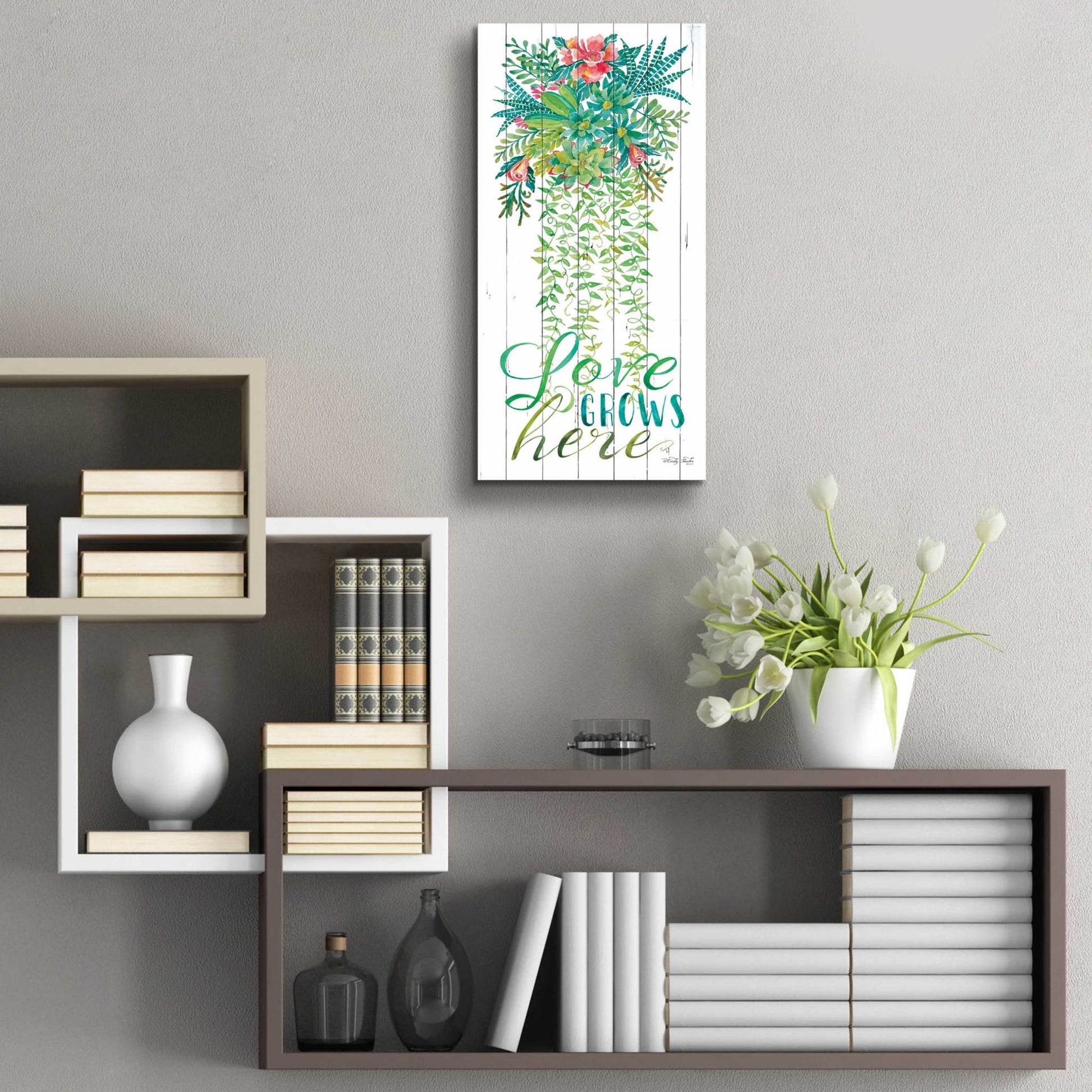 Epic Art 'Love Grows Hanging Plant' by Cindy Jacobs, Acrylic Glass Wall Art,12x24