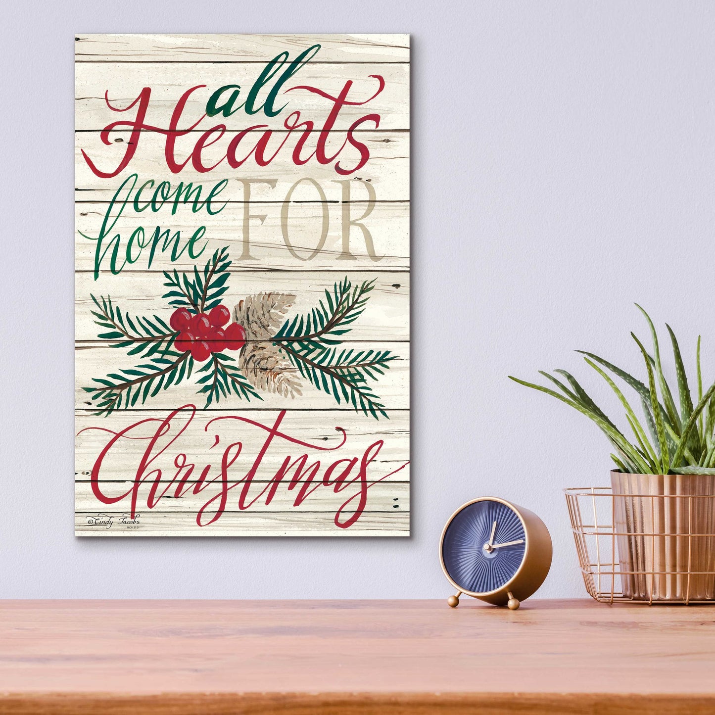 Epic Art 'All Hearts Come Home for Christmas Shiplap 2' by Cindy Jacobs, Acrylic Glass Wall Art,12x16