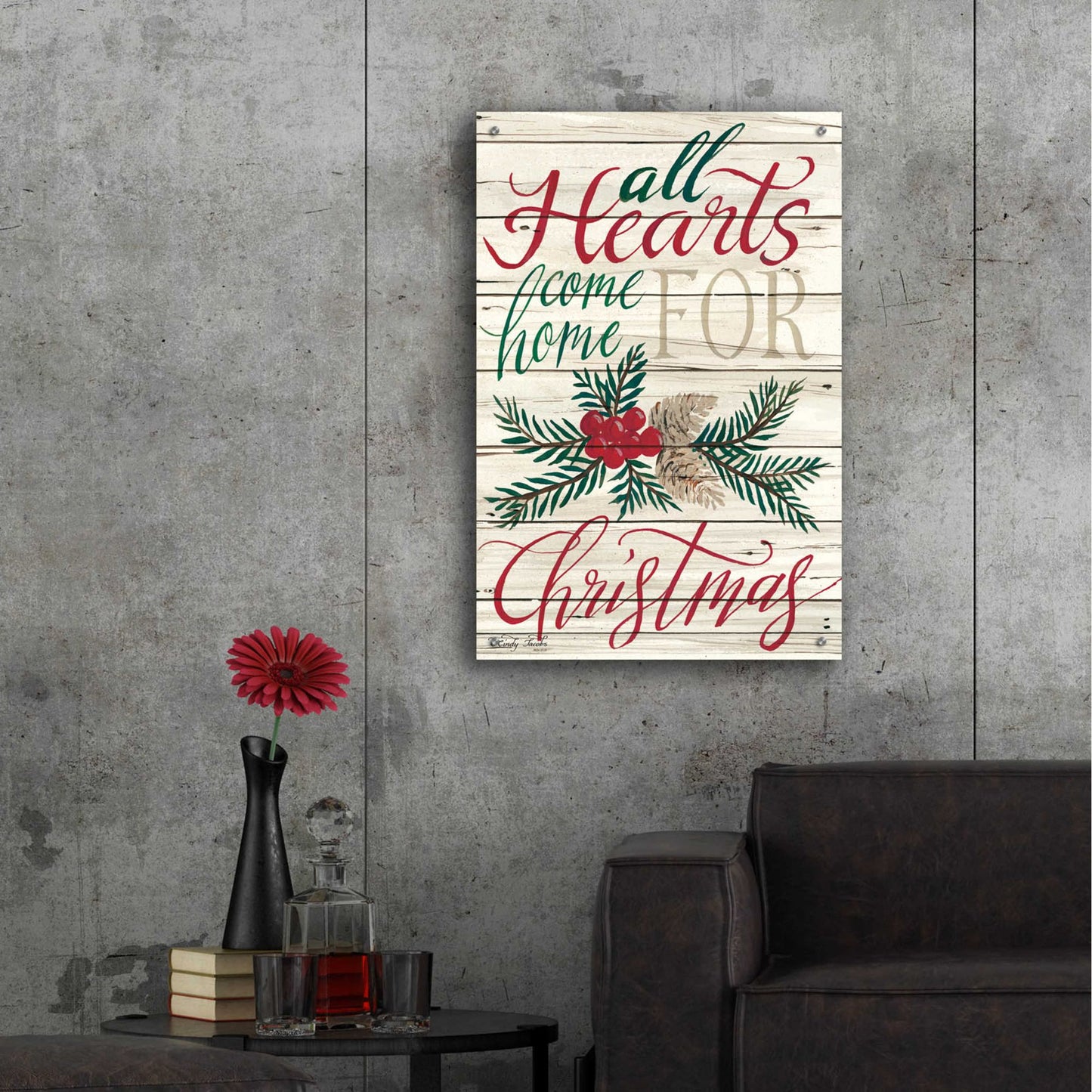 Epic Art 'All Hearts Come Home for Christmas Shiplap 2' by Cindy Jacobs, Acrylic Glass Wall Art,24x36