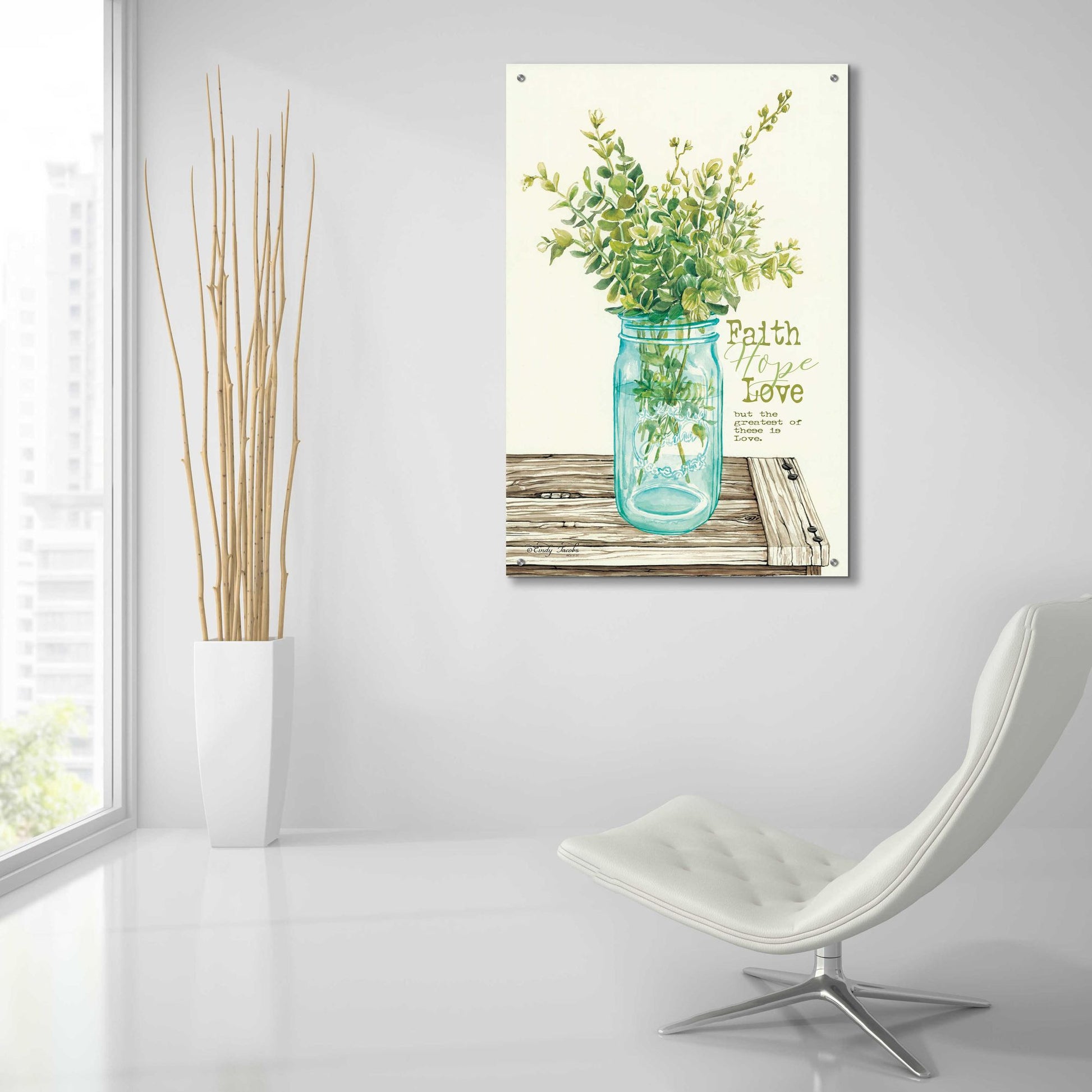 Epic Art 'Faith, Hope, Love and Eucalyptus' by Cindy Jacobs, Acrylic Glass Wall Art,24x36