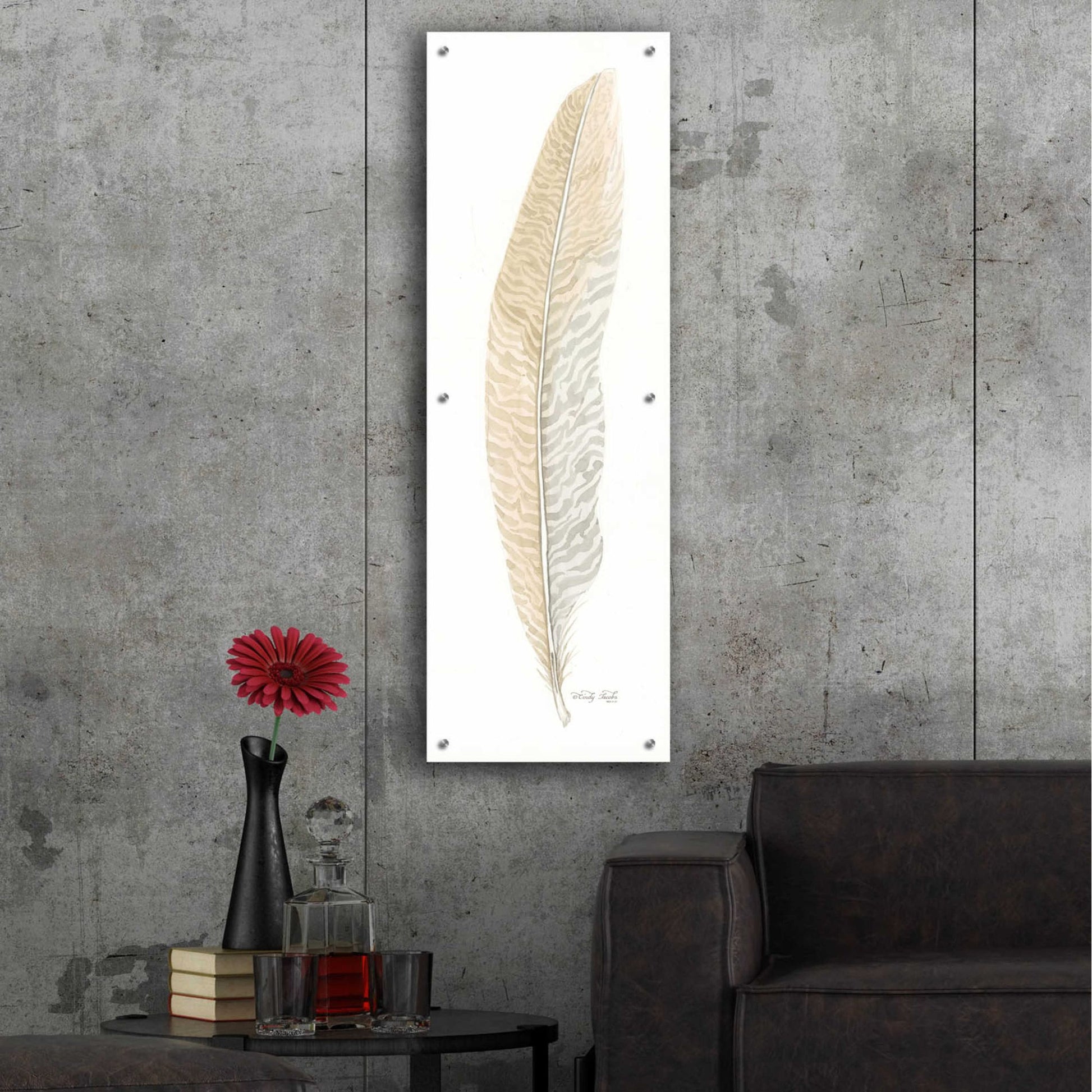 Epic Art 'Tonal Feather I' by Cindy Jacobs, Acrylic Glass Wall Art,16x48