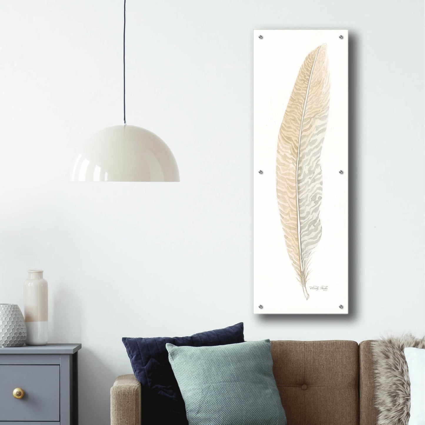 Epic Art 'Tonal Feather I' by Cindy Jacobs, Acrylic Glass Wall Art,16x48