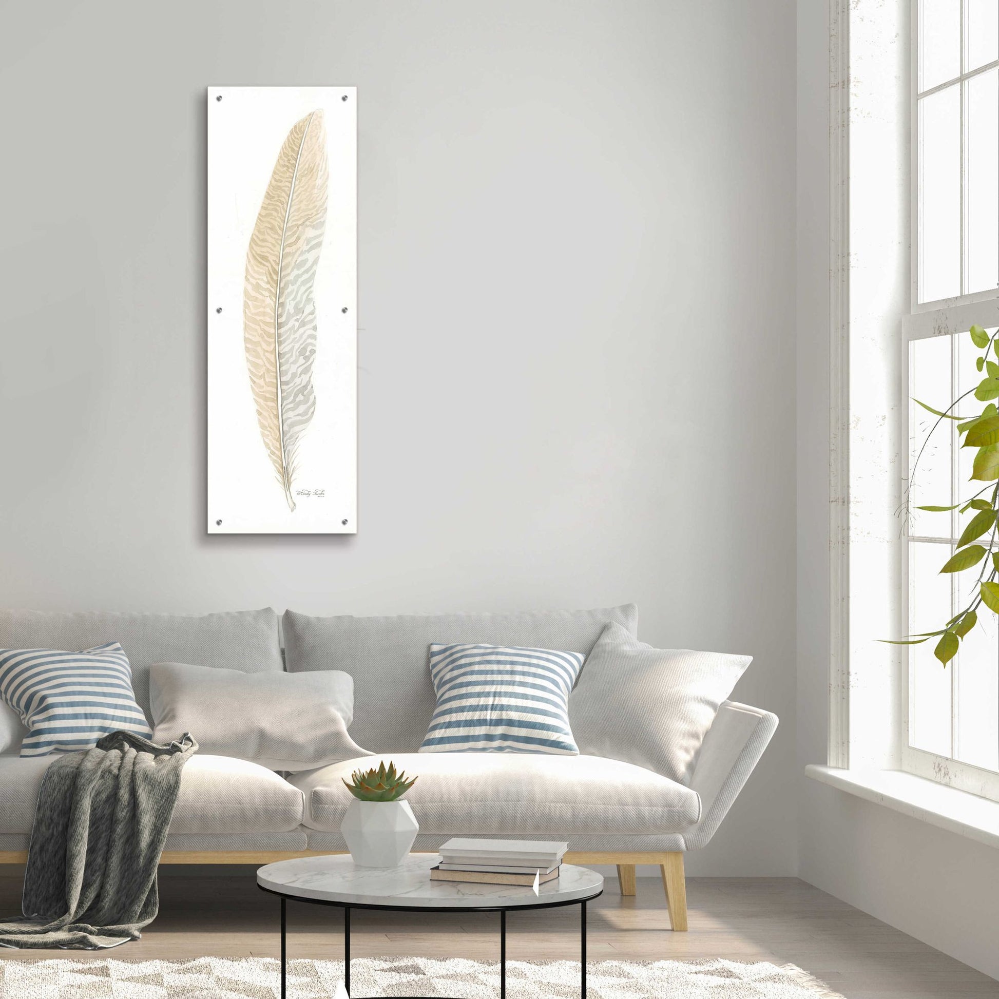 Epic Art 'Tonal Feather I' by Cindy Jacobs, Acrylic Glass Wall Art,16x48