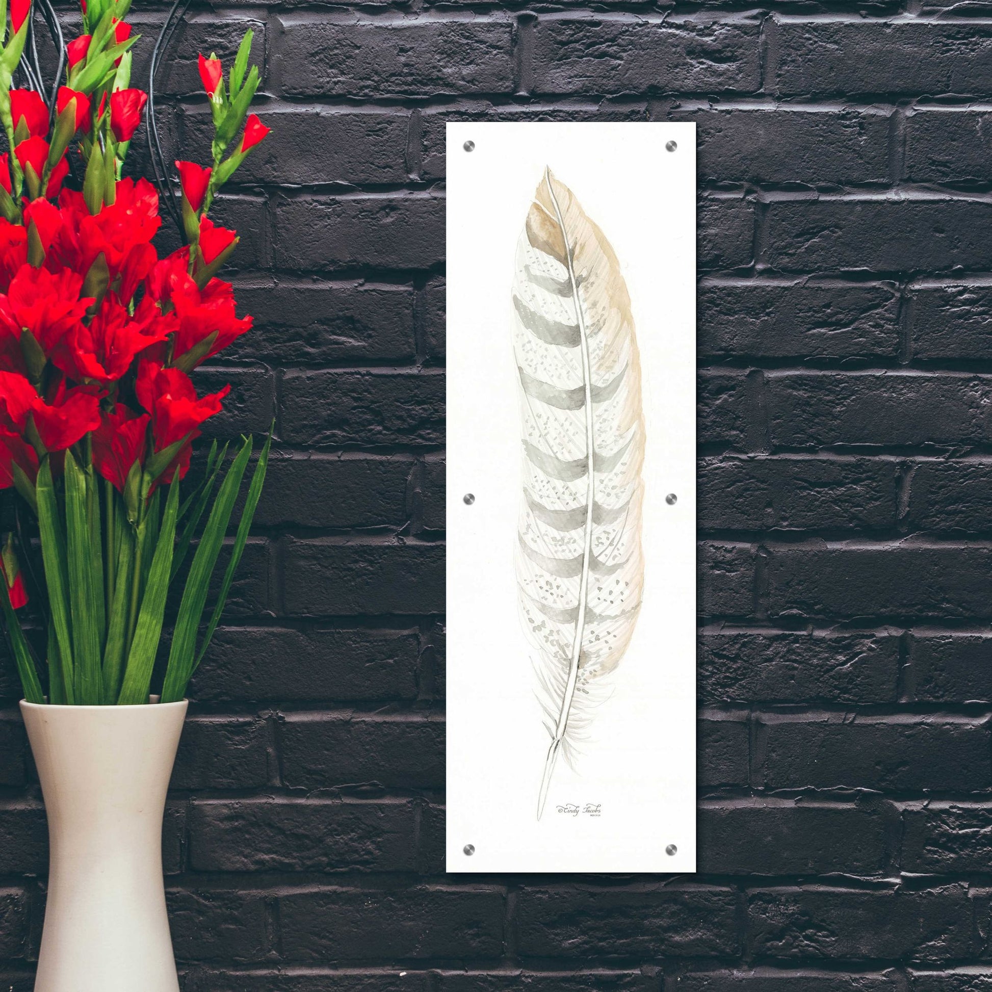 Epic Art 'Tonal Feather II' by Cindy Jacobs, Acrylic Glass Wall Art,12x36