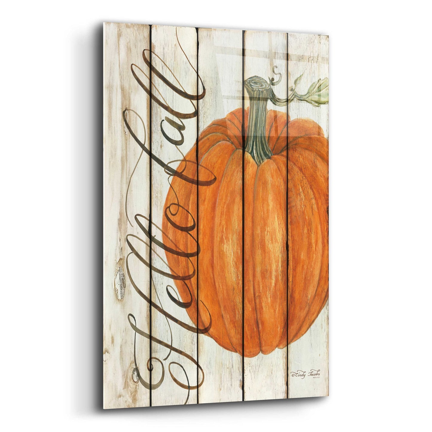 Epic Art 'Hello Fall Pumpkin on Shiplap' by Cindy Jacobs, Acrylic Glass Wall Art,12x16