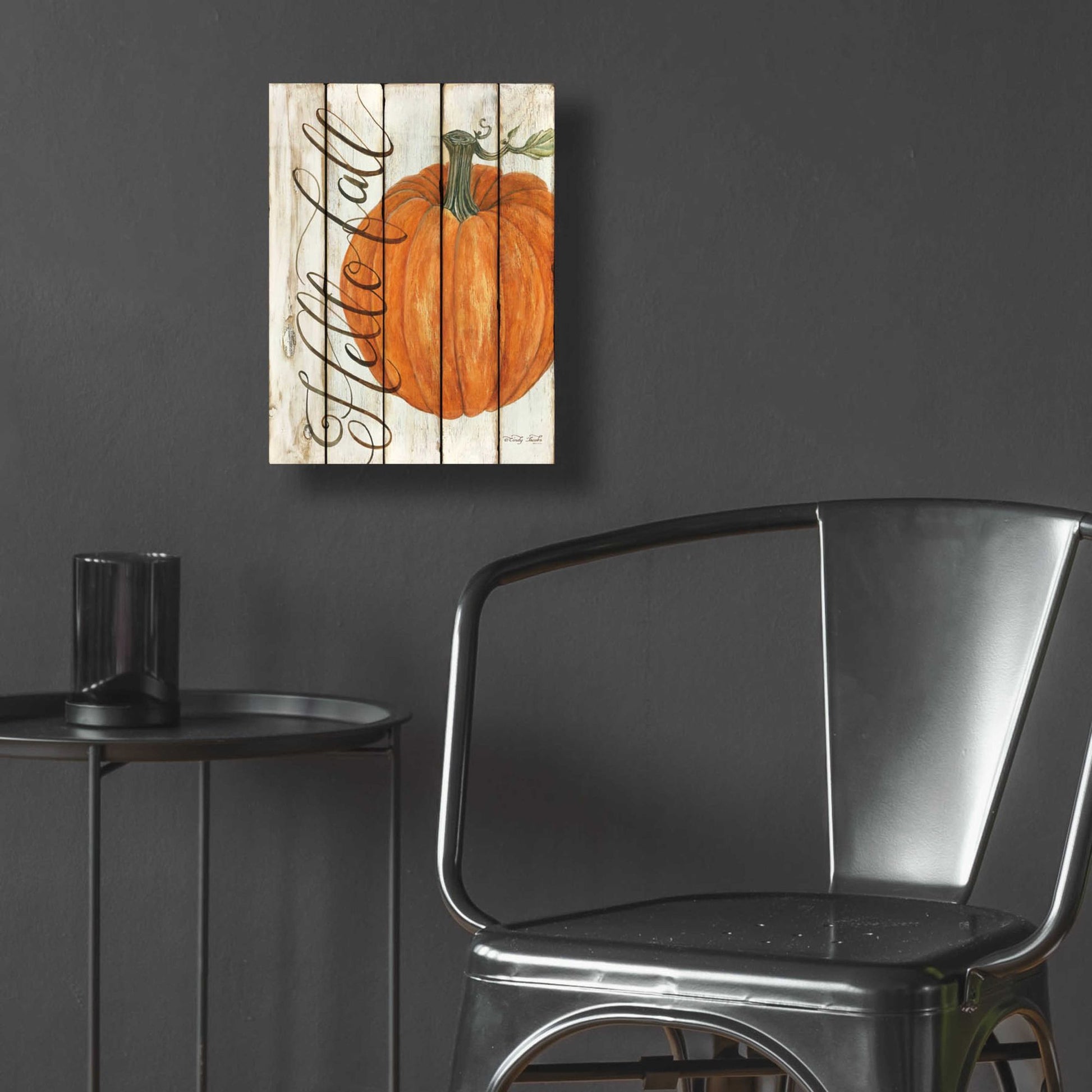 Epic Art 'Hello Fall Pumpkin on Shiplap' by Cindy Jacobs, Acrylic Glass Wall Art,12x16