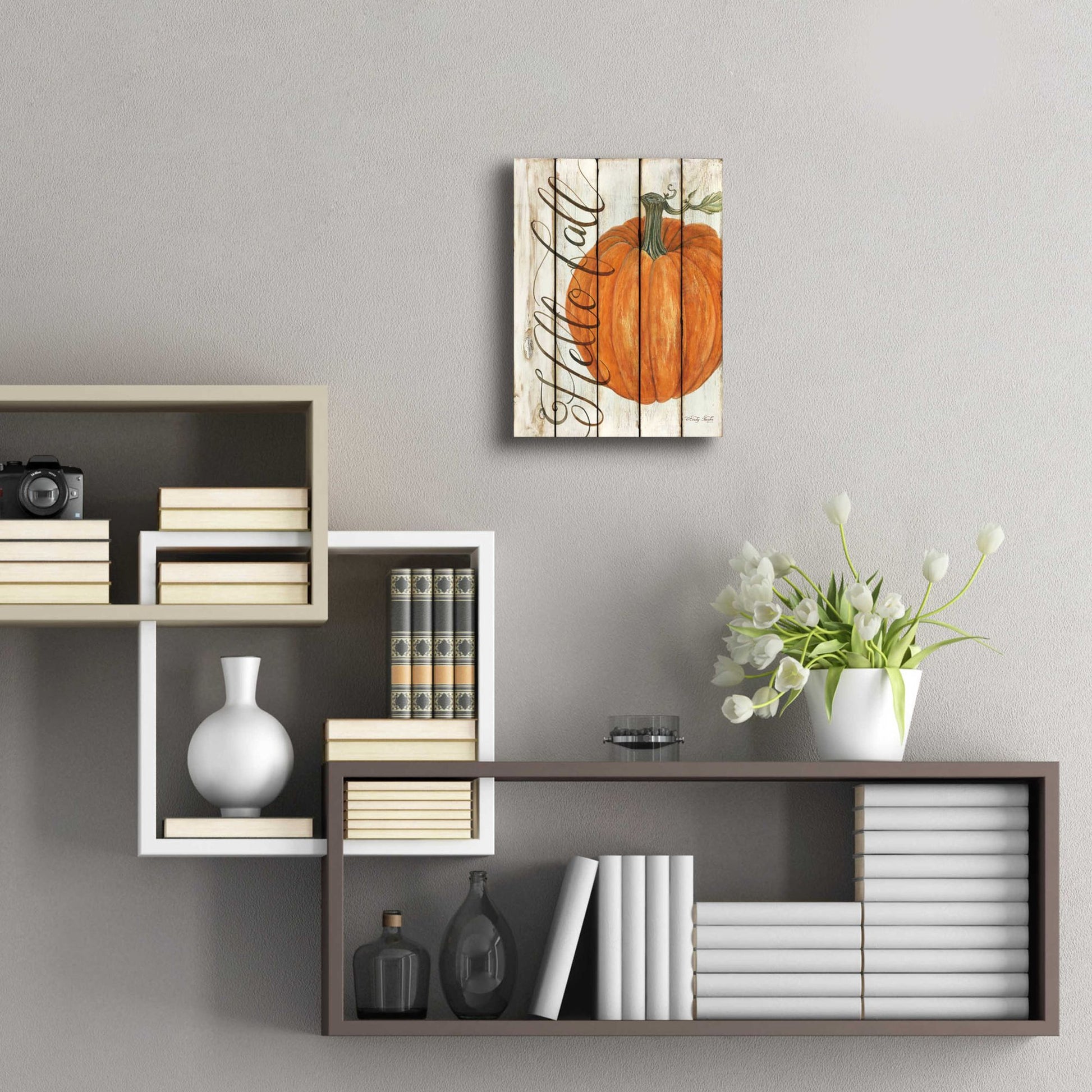 Epic Art 'Hello Fall Pumpkin on Shiplap' by Cindy Jacobs, Acrylic Glass Wall Art,12x16