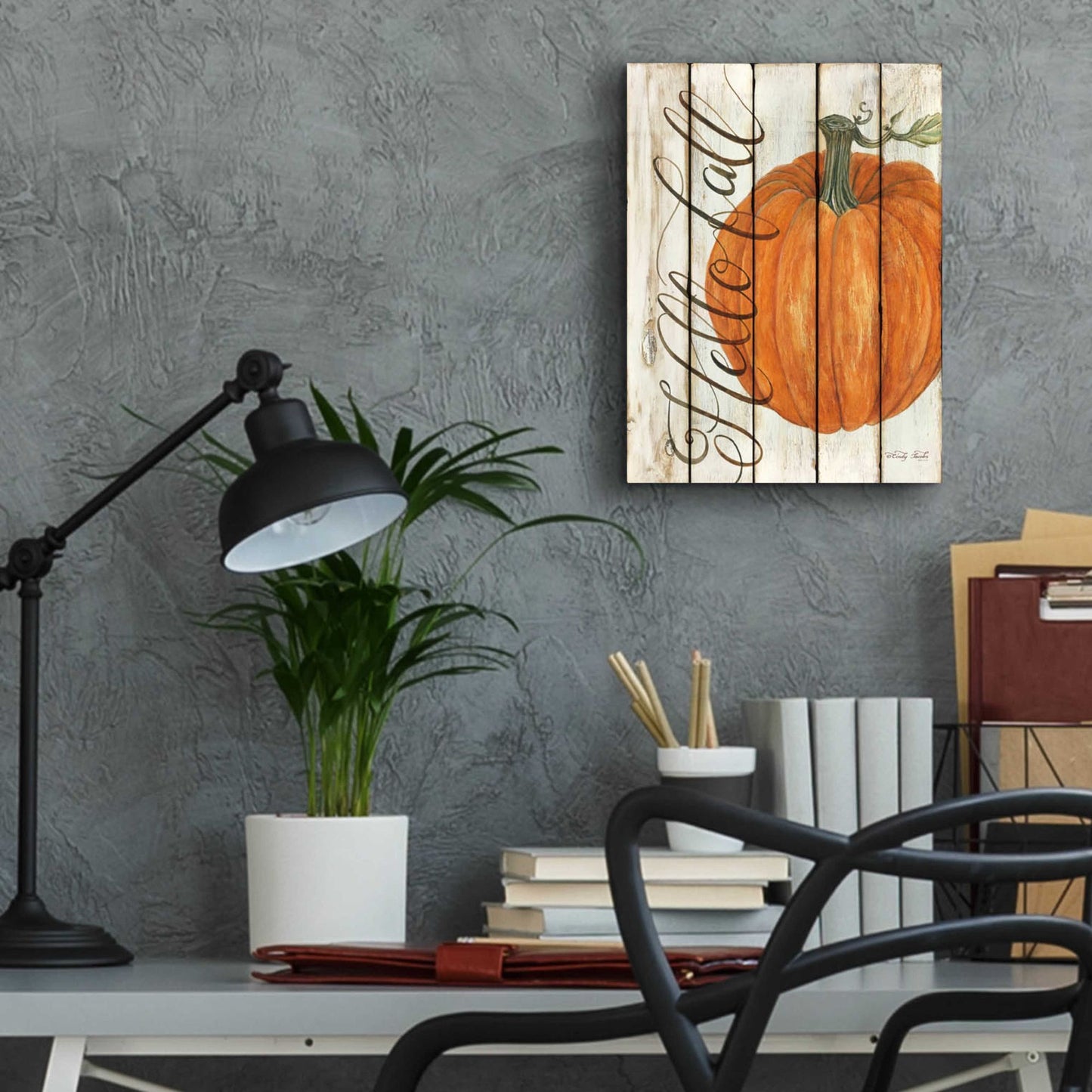 Epic Art 'Hello Fall Pumpkin on Shiplap' by Cindy Jacobs, Acrylic Glass Wall Art,12x16