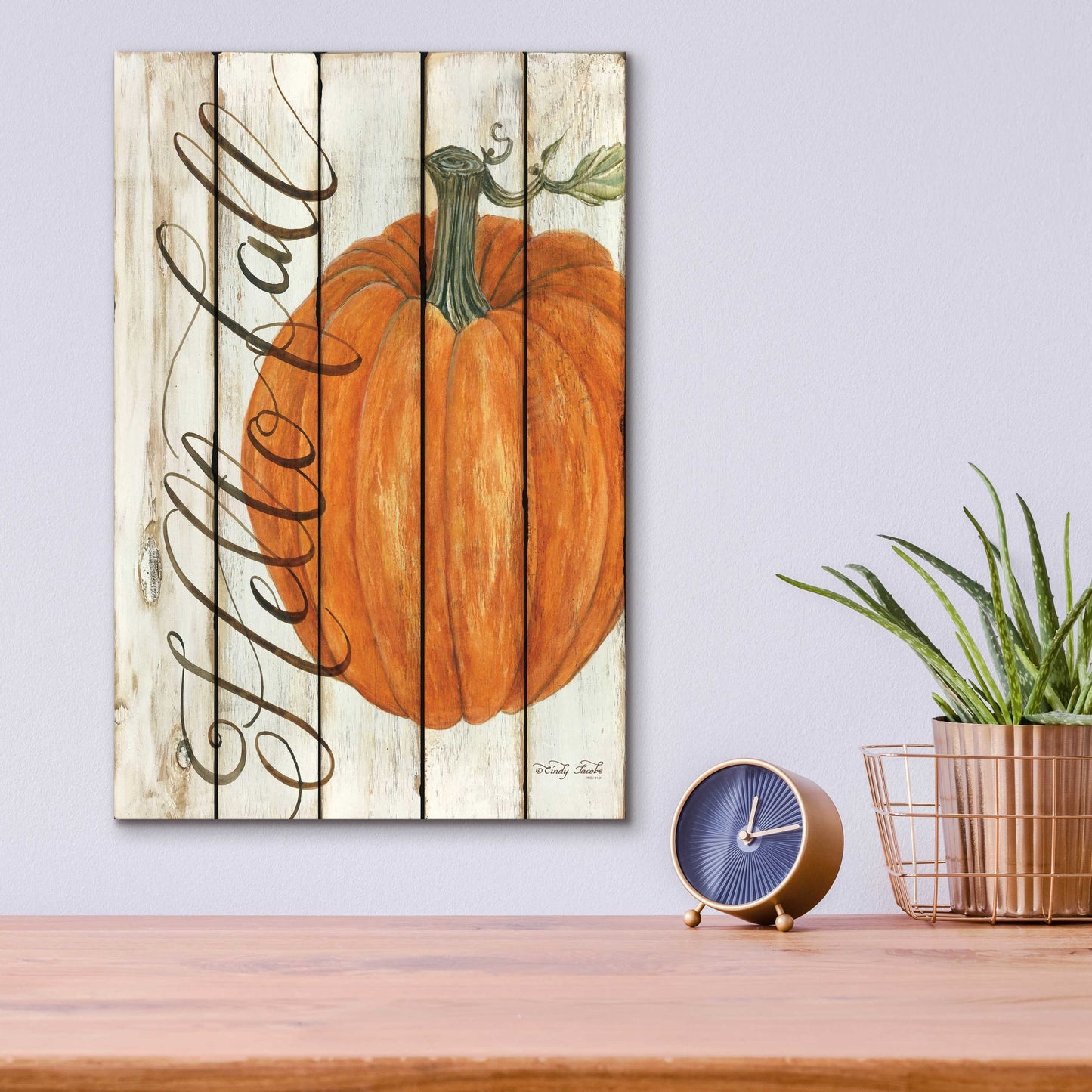 Epic Art 'Hello Fall Pumpkin on Shiplap' by Cindy Jacobs, Acrylic Glass Wall Art,12x16