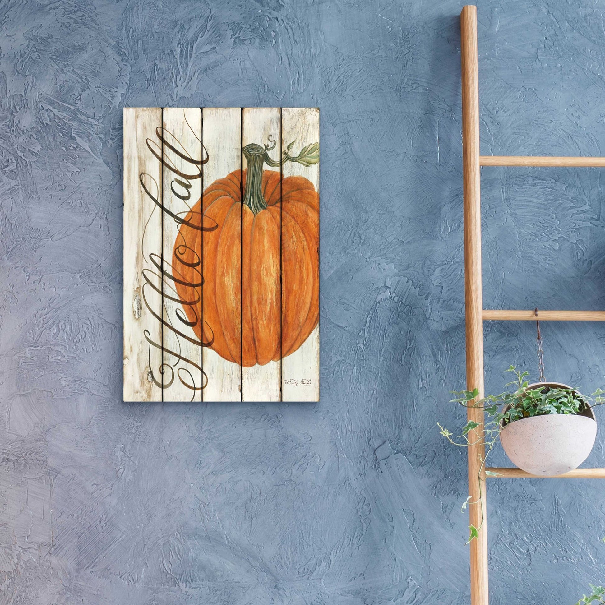 Epic Art 'Hello Fall Pumpkin on Shiplap' by Cindy Jacobs, Acrylic Glass Wall Art,16x24