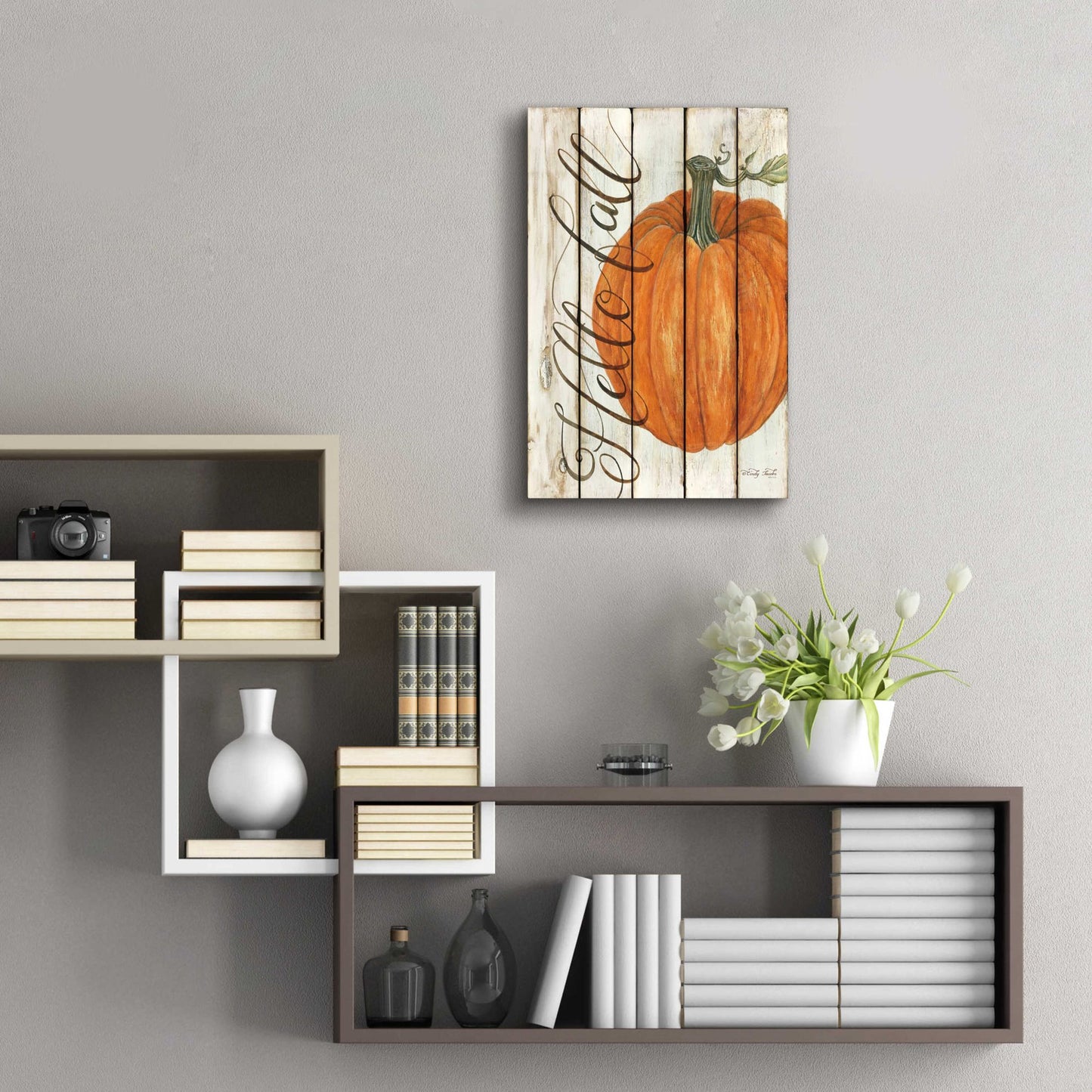 Epic Art 'Hello Fall Pumpkin on Shiplap' by Cindy Jacobs, Acrylic Glass Wall Art,16x24