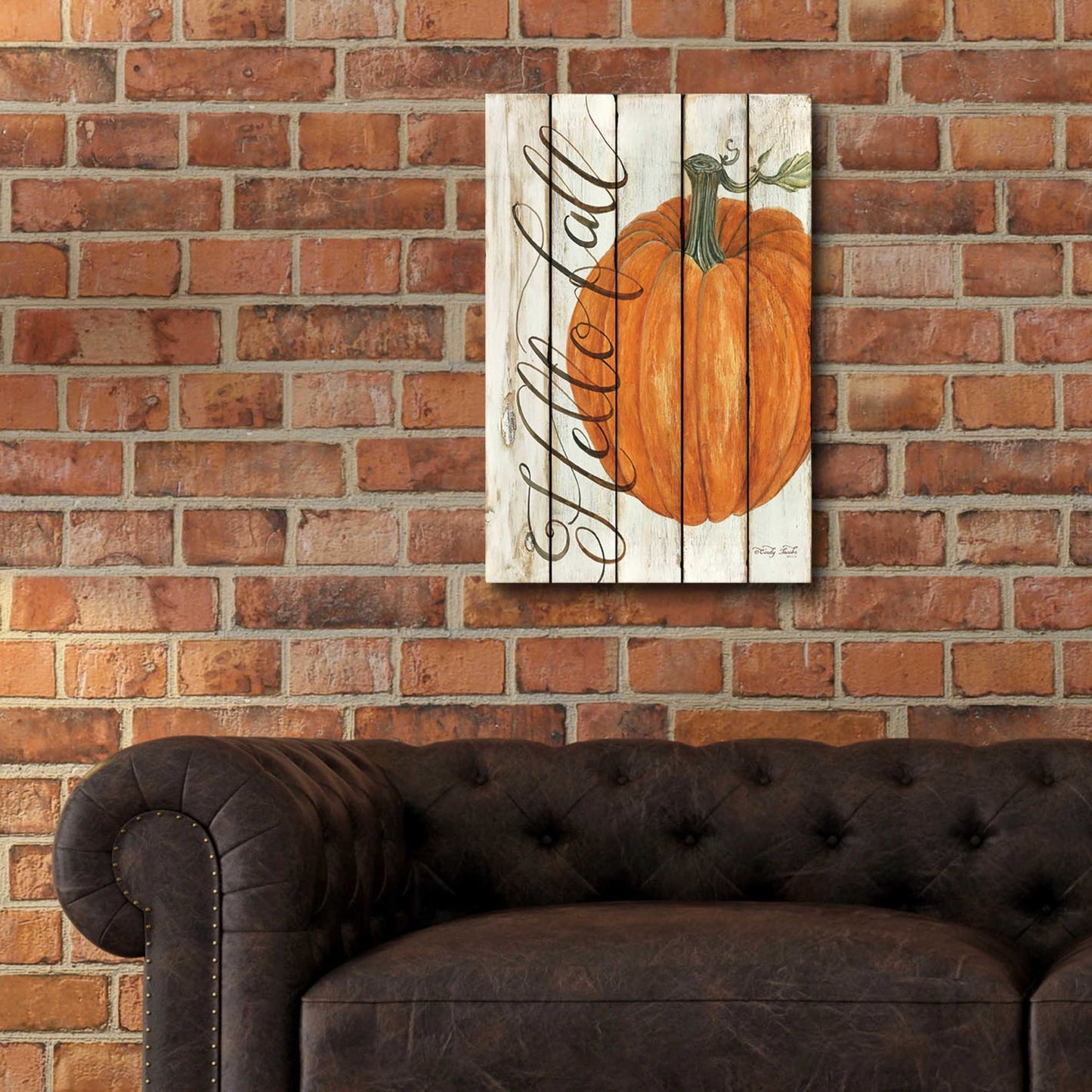 Epic Art 'Hello Fall Pumpkin on Shiplap' by Cindy Jacobs, Acrylic Glass Wall Art,16x24