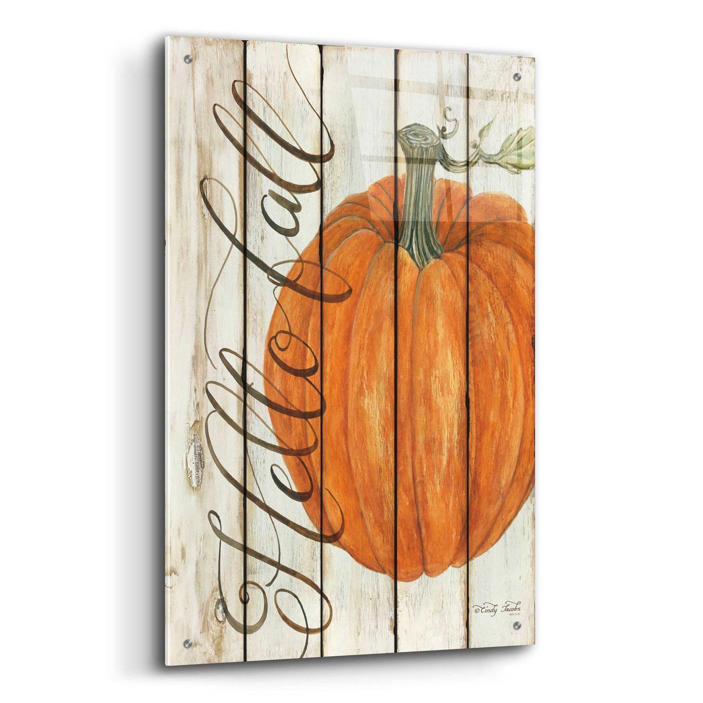 Epic Art 'Hello Fall Pumpkin on Shiplap' by Cindy Jacobs, Acrylic Glass Wall Art,24x36