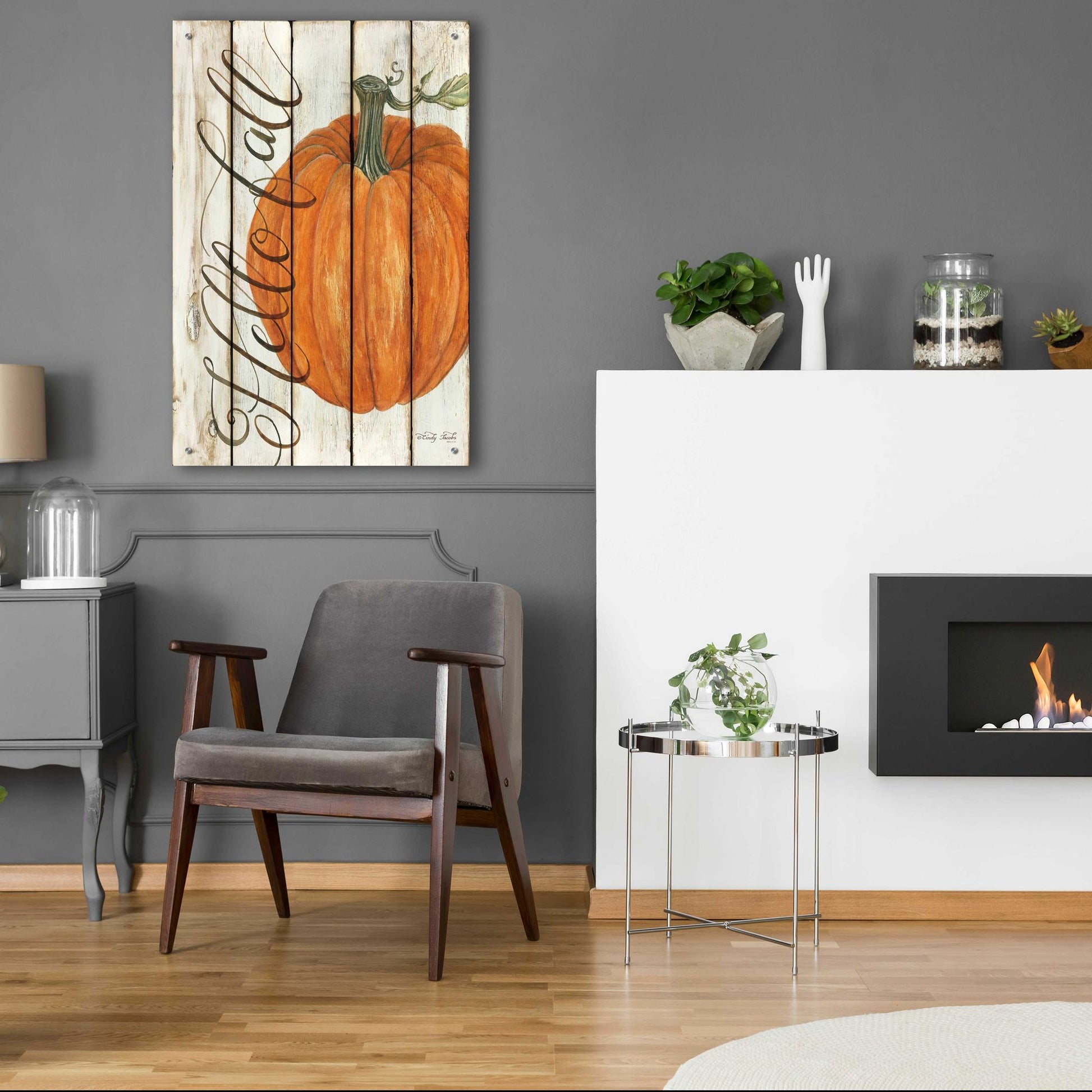 Epic Art 'Hello Fall Pumpkin on Shiplap' by Cindy Jacobs, Acrylic Glass Wall Art,24x36