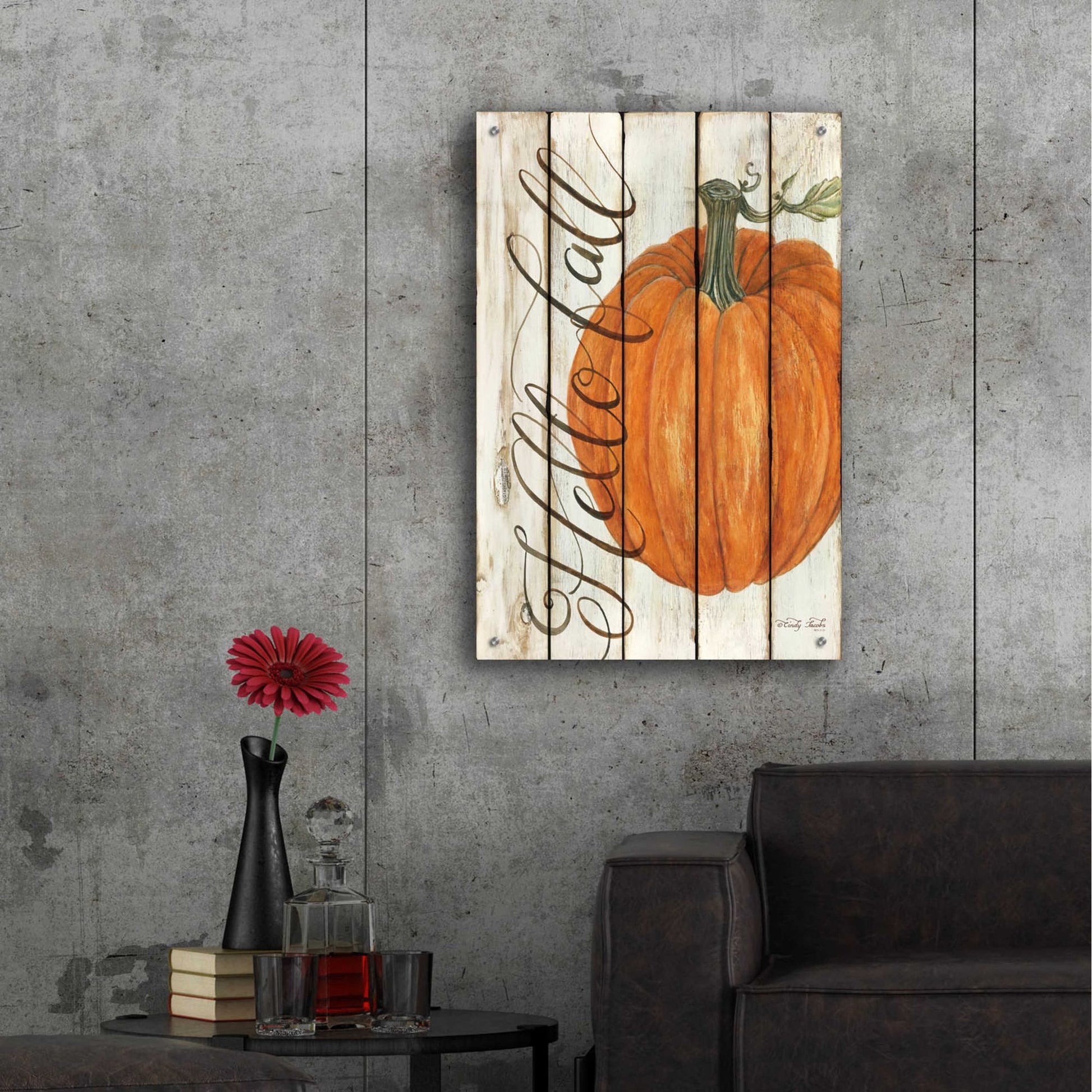 Epic Art 'Hello Fall Pumpkin on Shiplap' by Cindy Jacobs, Acrylic Glass Wall Art,24x36