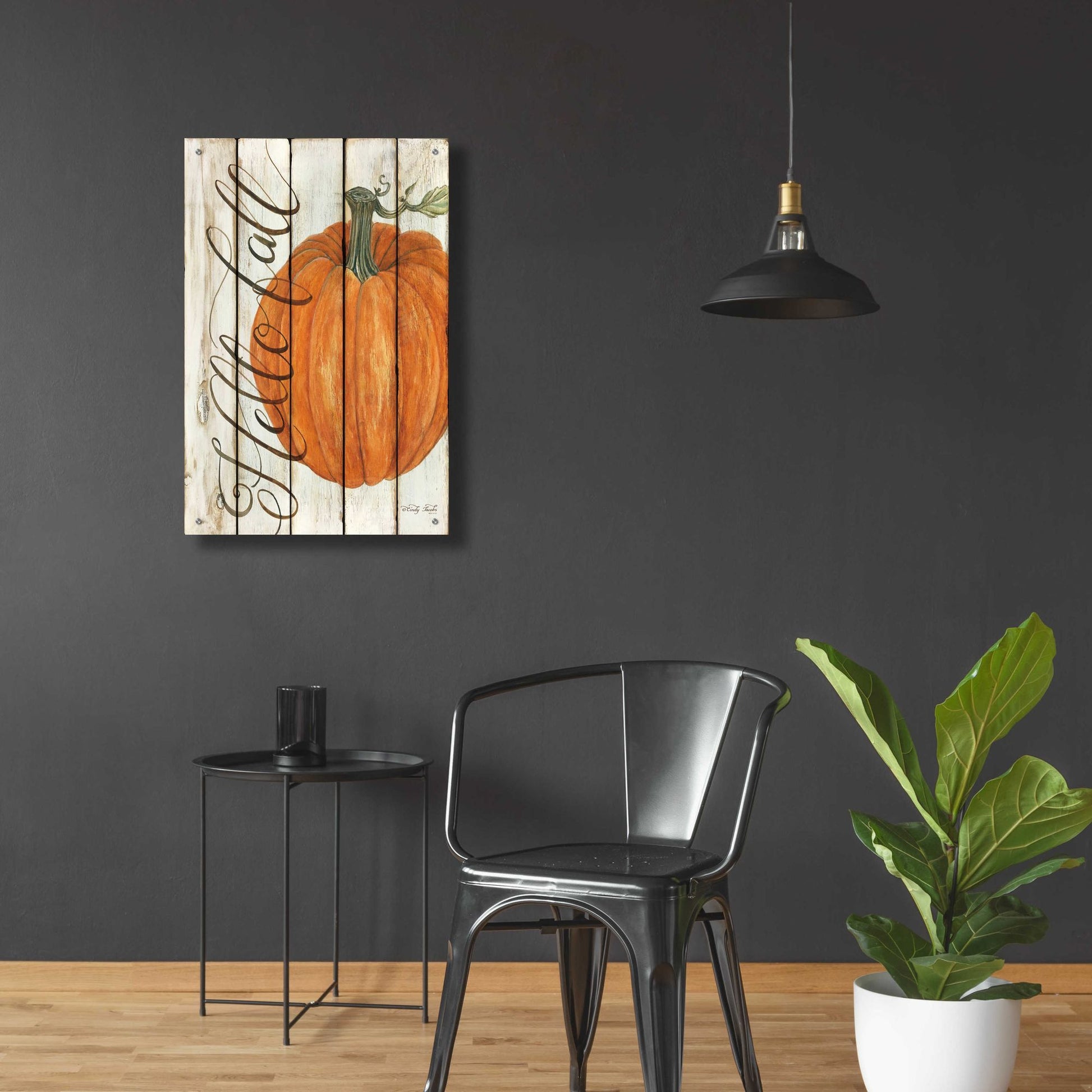 Epic Art 'Hello Fall Pumpkin on Shiplap' by Cindy Jacobs, Acrylic Glass Wall Art,24x36