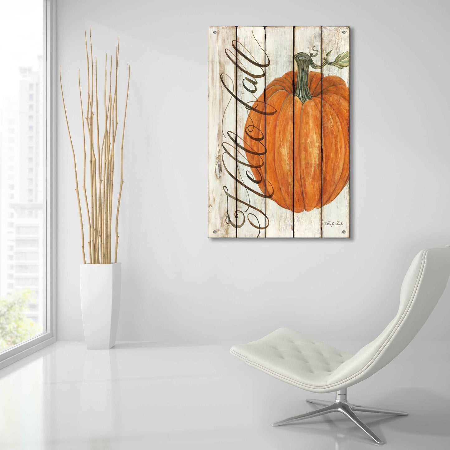 Epic Art 'Hello Fall Pumpkin on Shiplap' by Cindy Jacobs, Acrylic Glass Wall Art,24x36