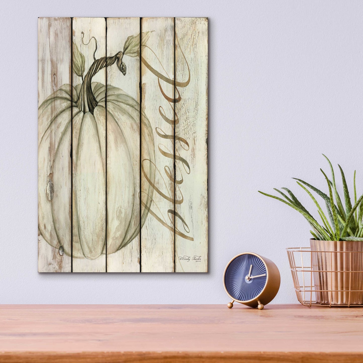 Epic Art 'Blessed Pumpkin on Shiplap' by Cindy Jacobs, Acrylic Glass Wall Art,12x16