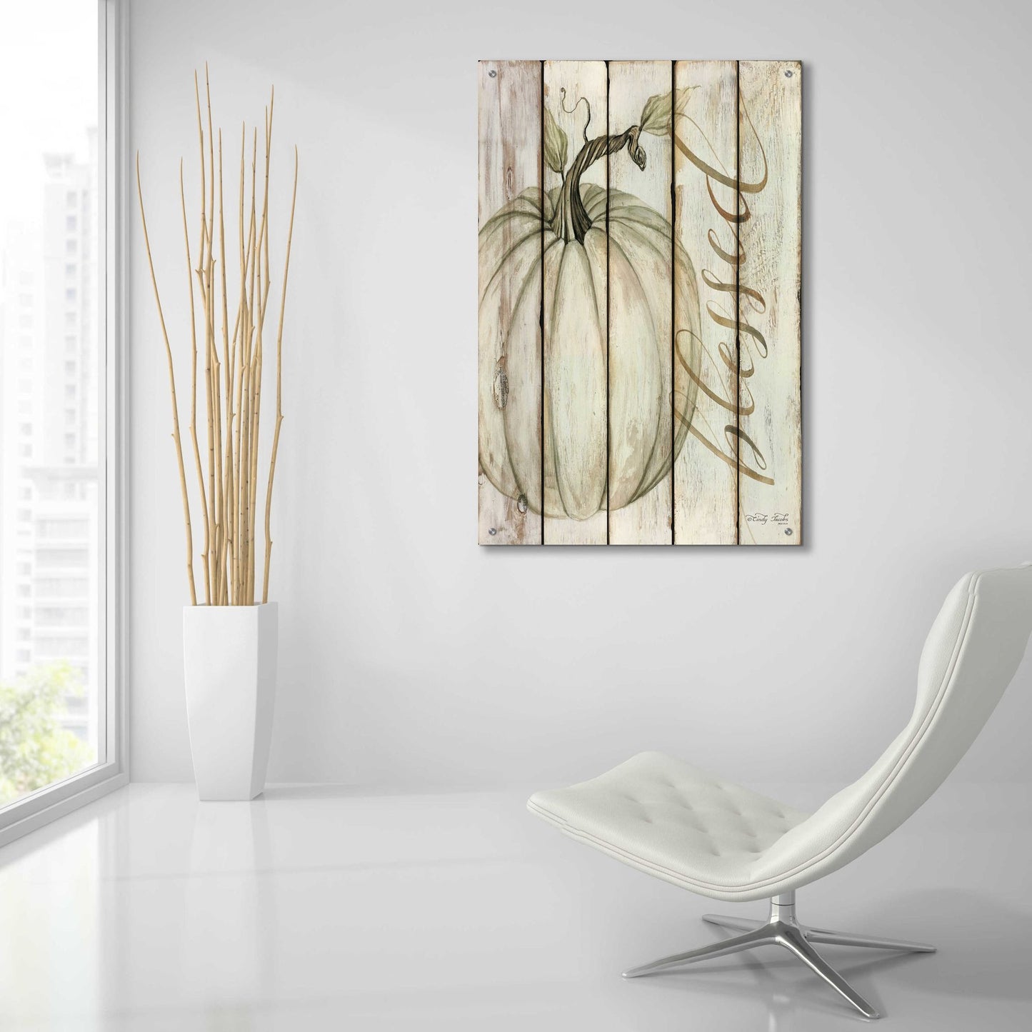 Epic Art 'Blessed Pumpkin on Shiplap' by Cindy Jacobs, Acrylic Glass Wall Art,24x36