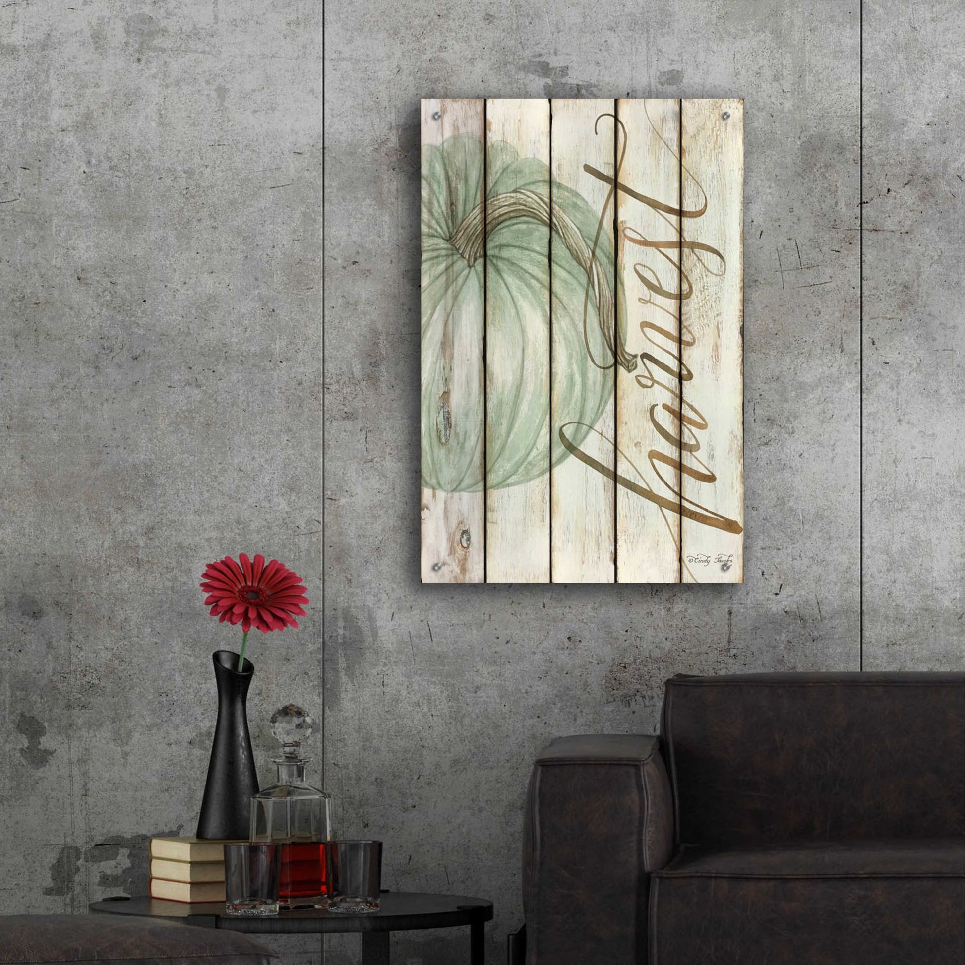 Epic Art 'Harvest Pumpkin on Shiplap' by Cindy Jacobs, Acrylic Glass Wall Art,24x36