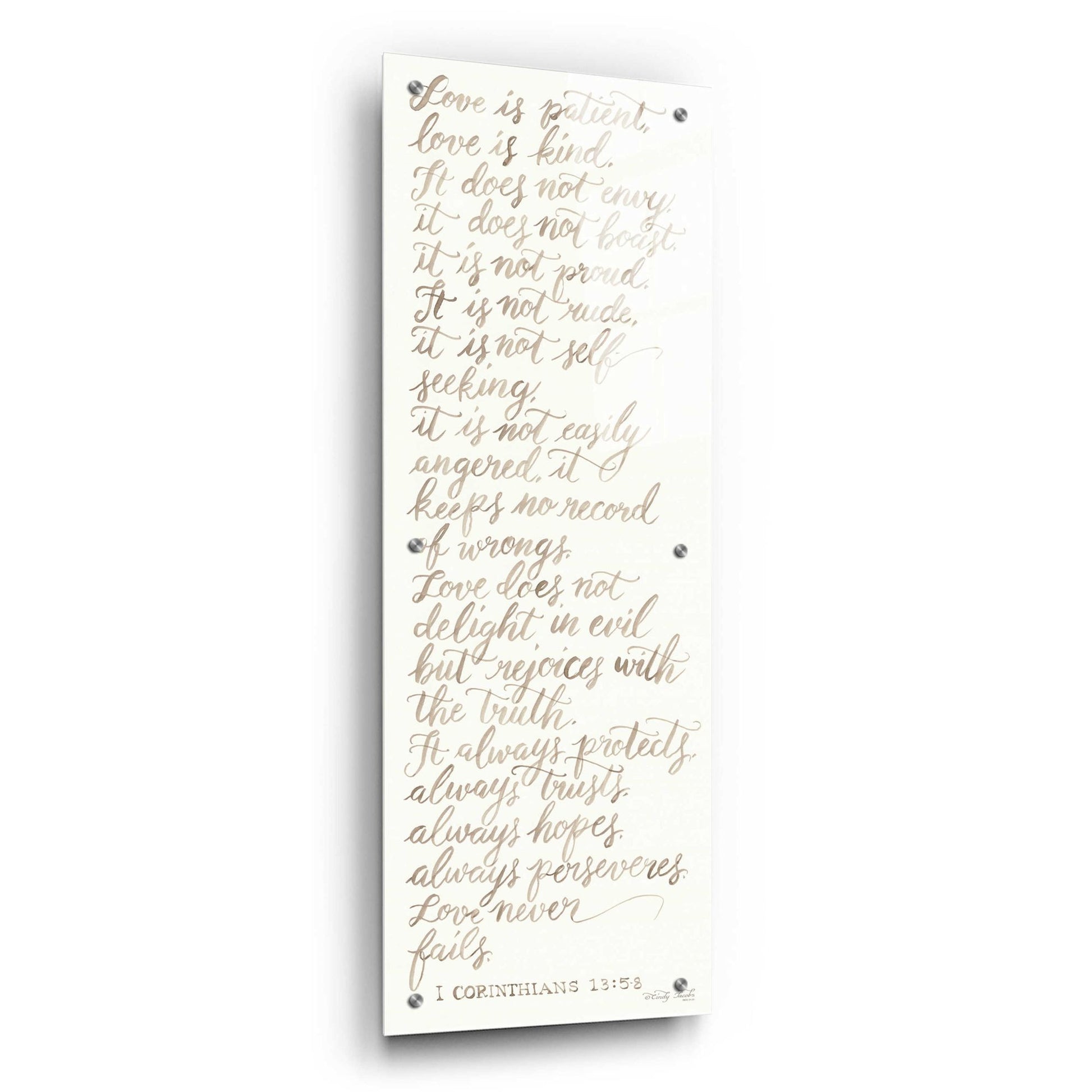 Epic Art 'Handwritten Love is Patient' by Cindy Jacobs, Acrylic Glass Wall Art,12x36