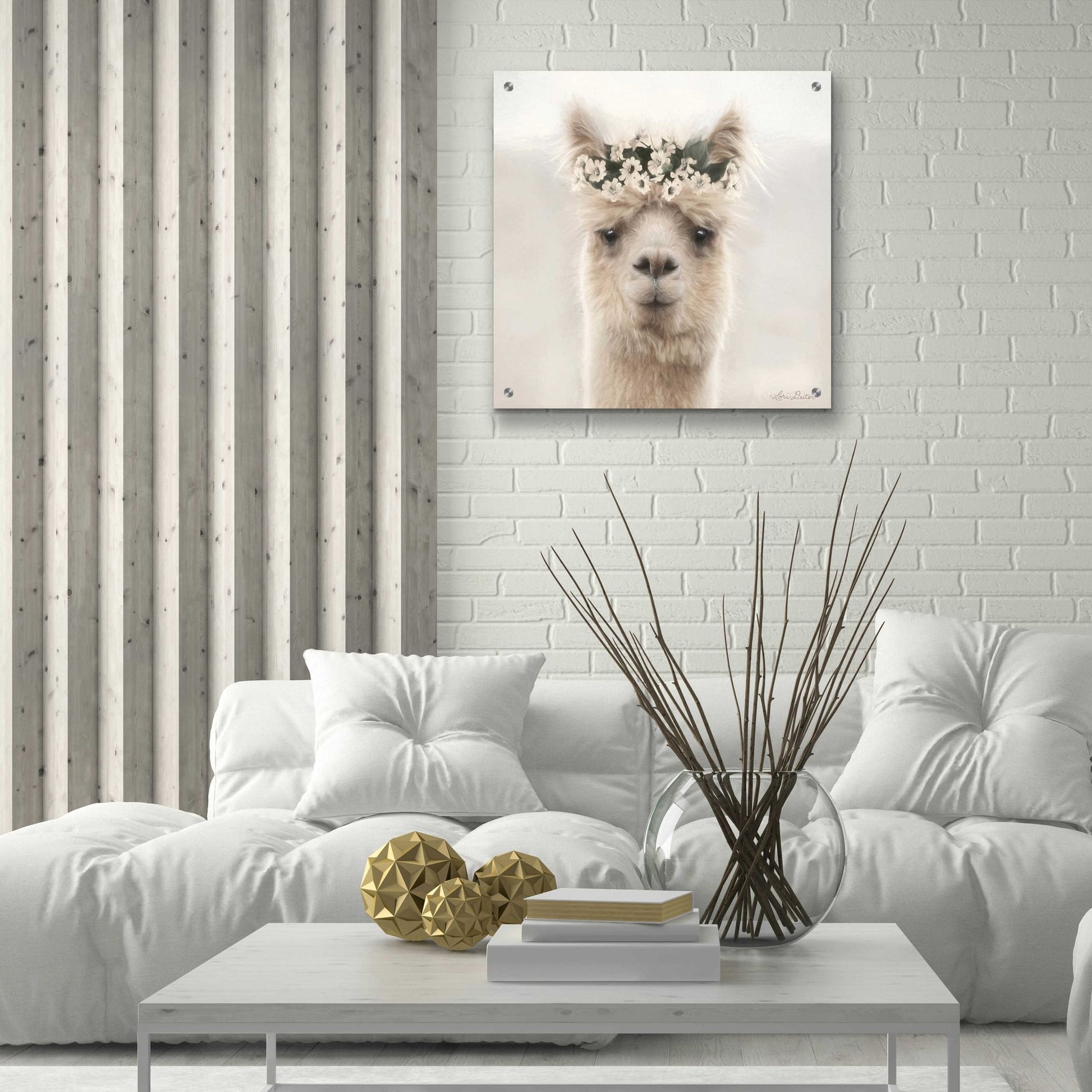 Epic Art 'Alpaca with Flowers' by Lori Deiter, Acrylic Glass Wall Art,24x24