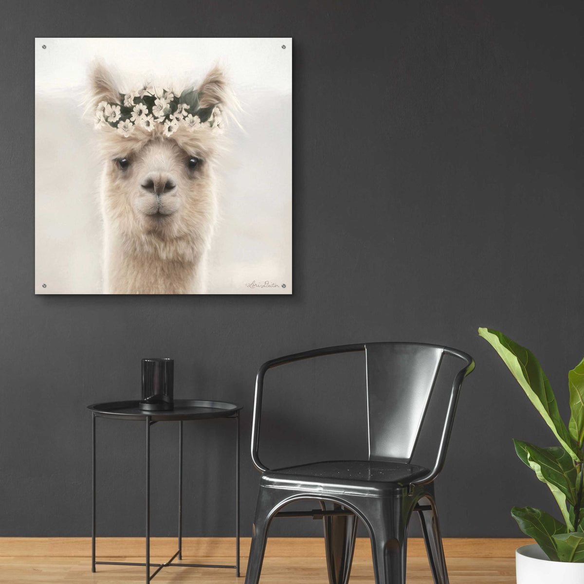 Epic Art 'Alpaca with Flowers' by Lori Deiter, Acrylic Glass Wall Art,36x36