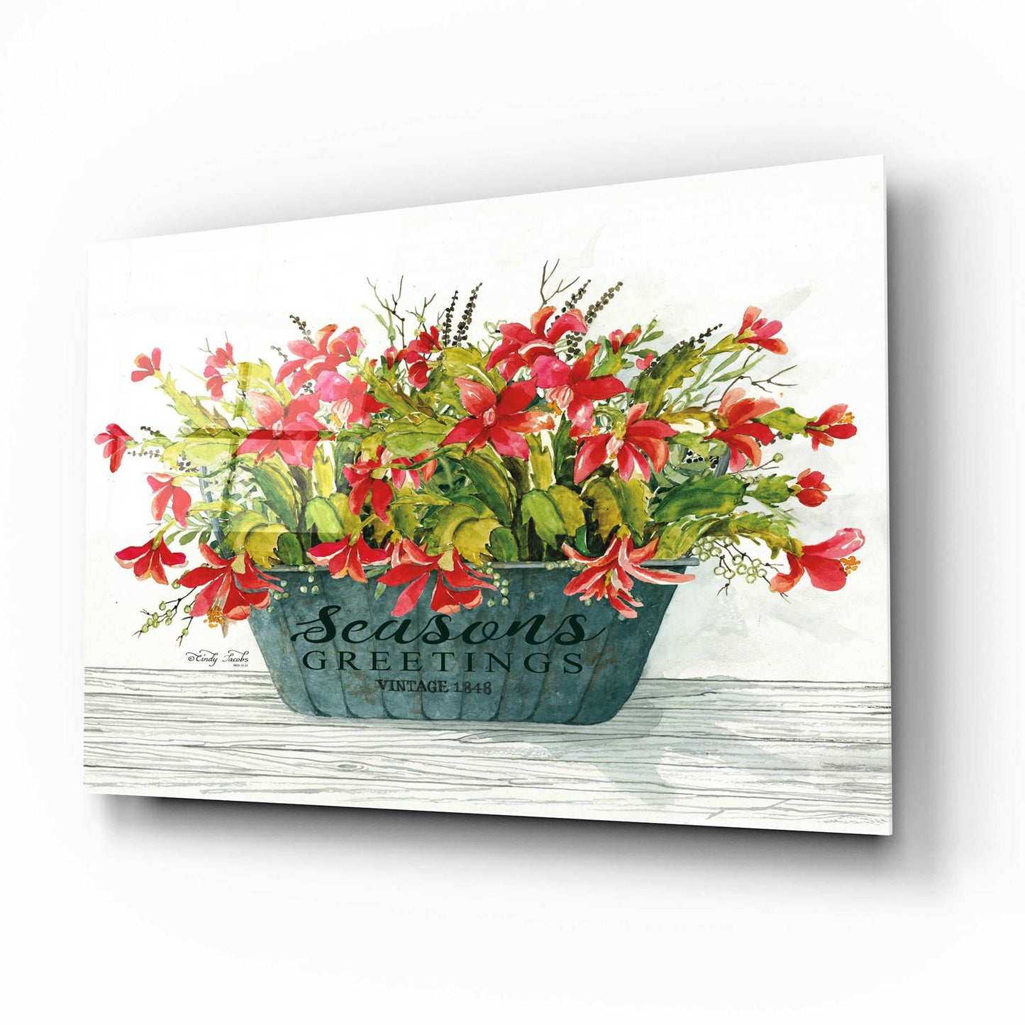 Epic Art 'Seasons Greetings Pot' by Cindy Jacobs, Acrylic Glass Wall Art,16x12