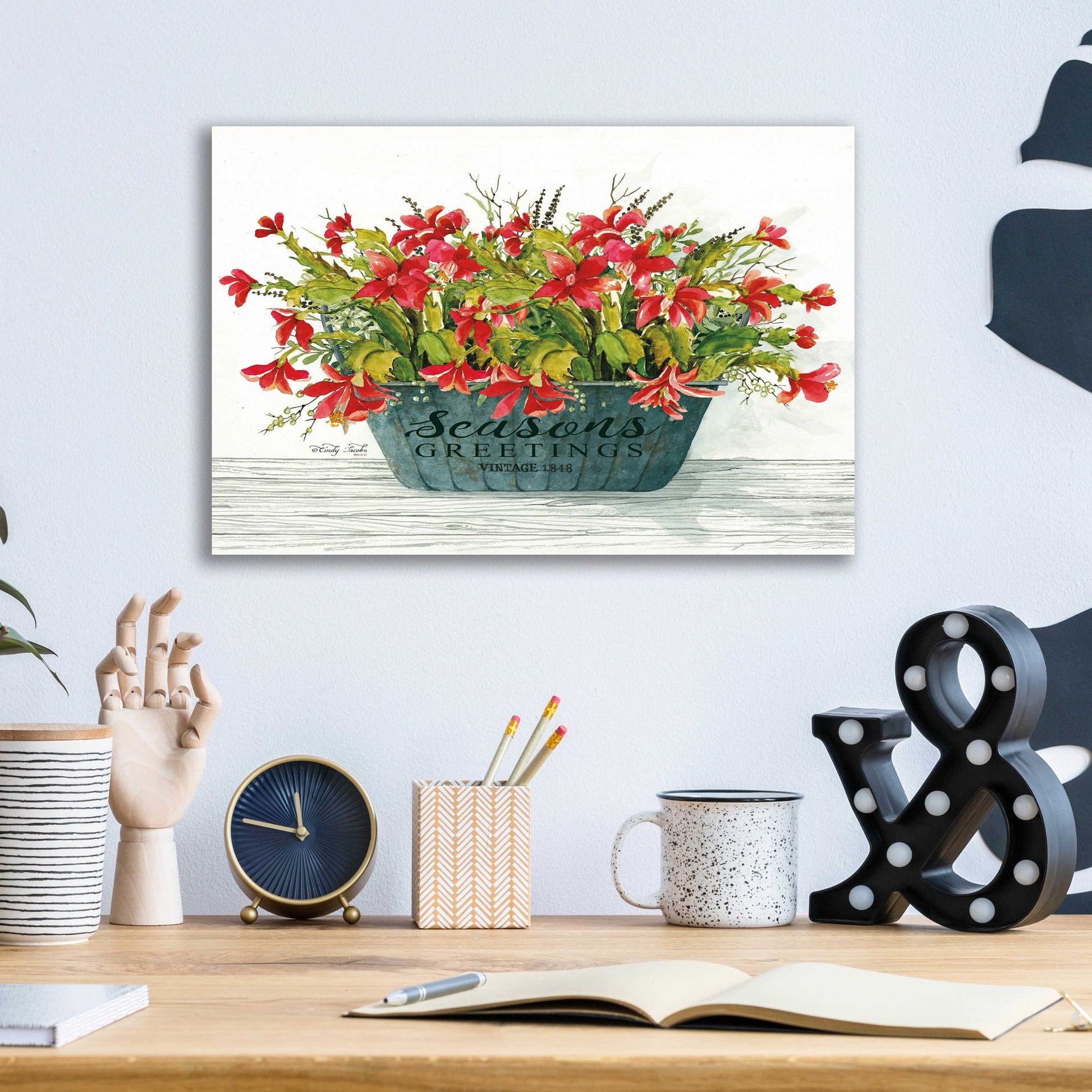 Epic Art 'Seasons Greetings Pot' by Cindy Jacobs, Acrylic Glass Wall Art,16x12