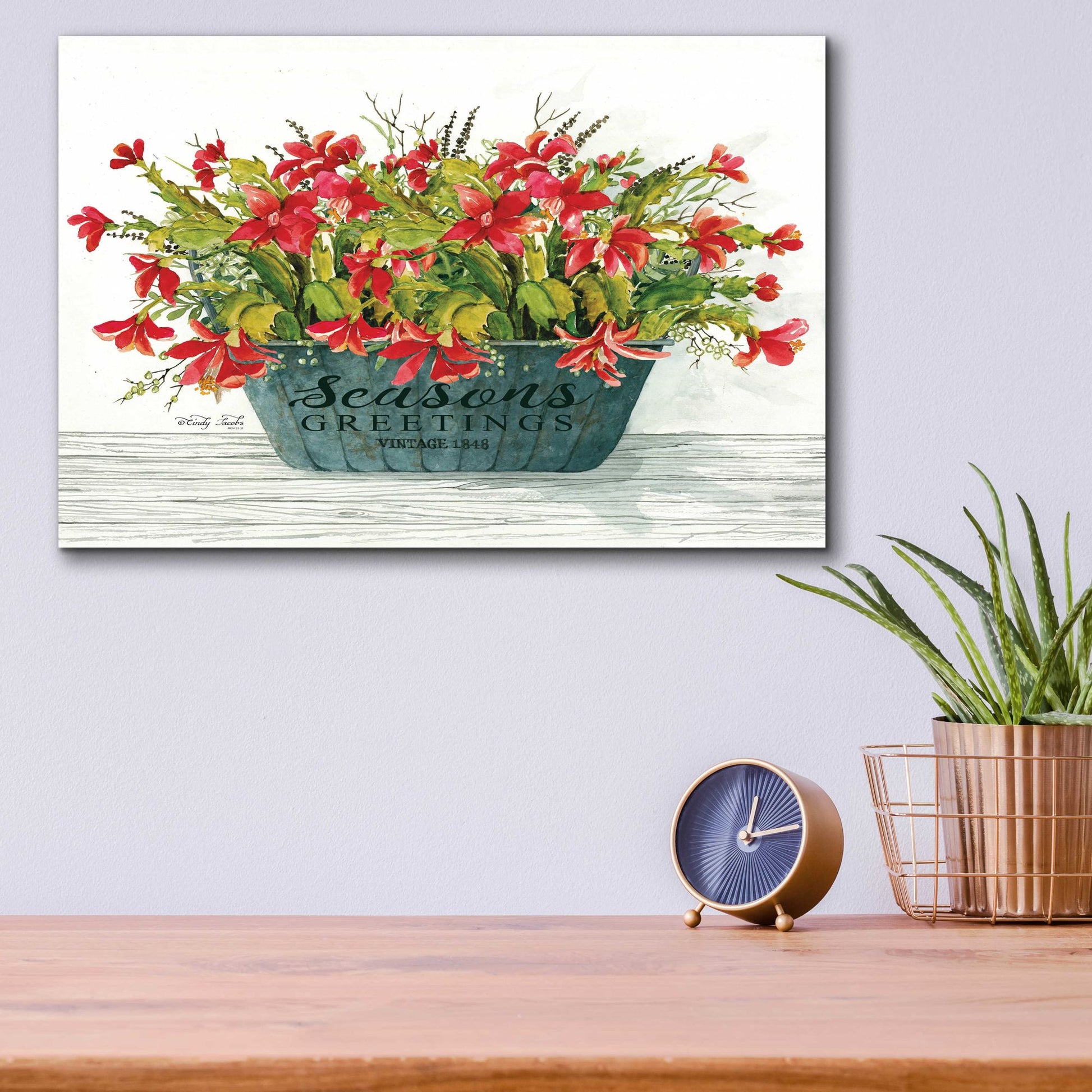 Epic Art 'Seasons Greetings Pot' by Cindy Jacobs, Acrylic Glass Wall Art,16x12