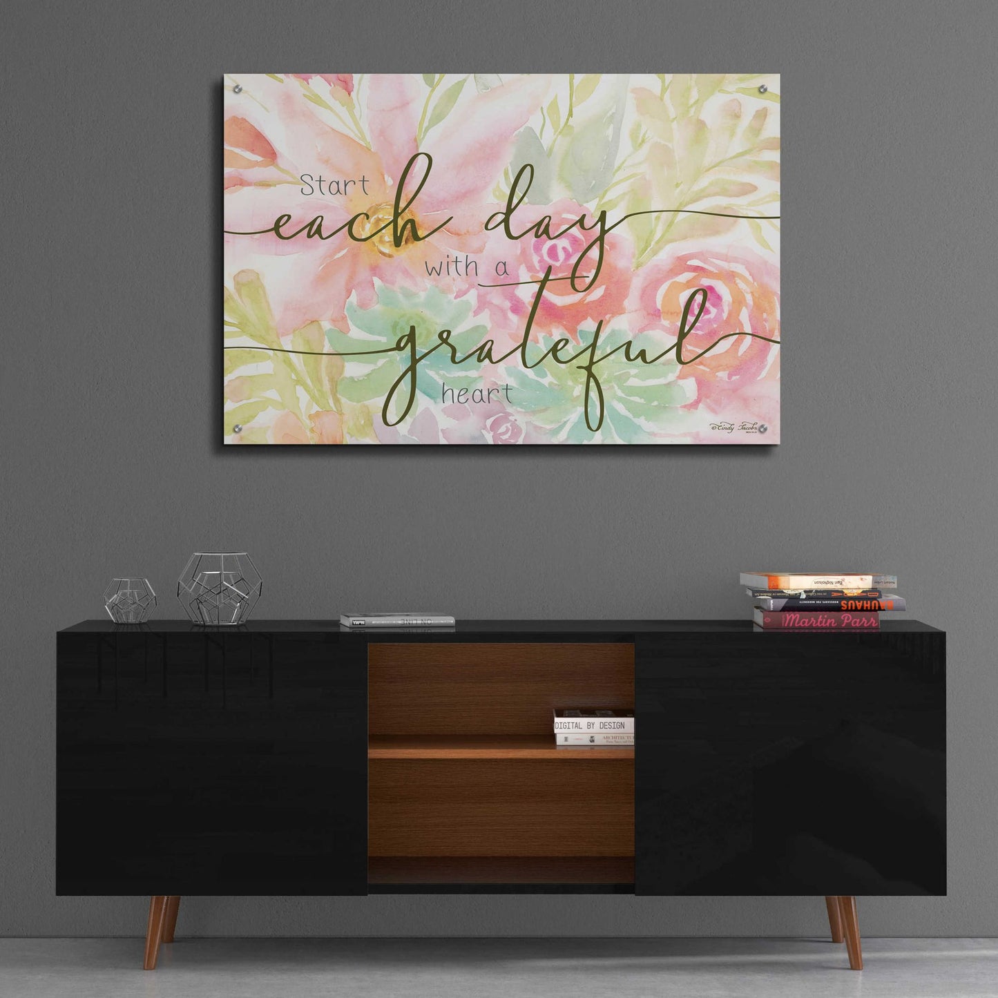 Epic Art 'Floral Grateful Heart' by Cindy Jacobs, Acrylic Glass Wall Art,36x24