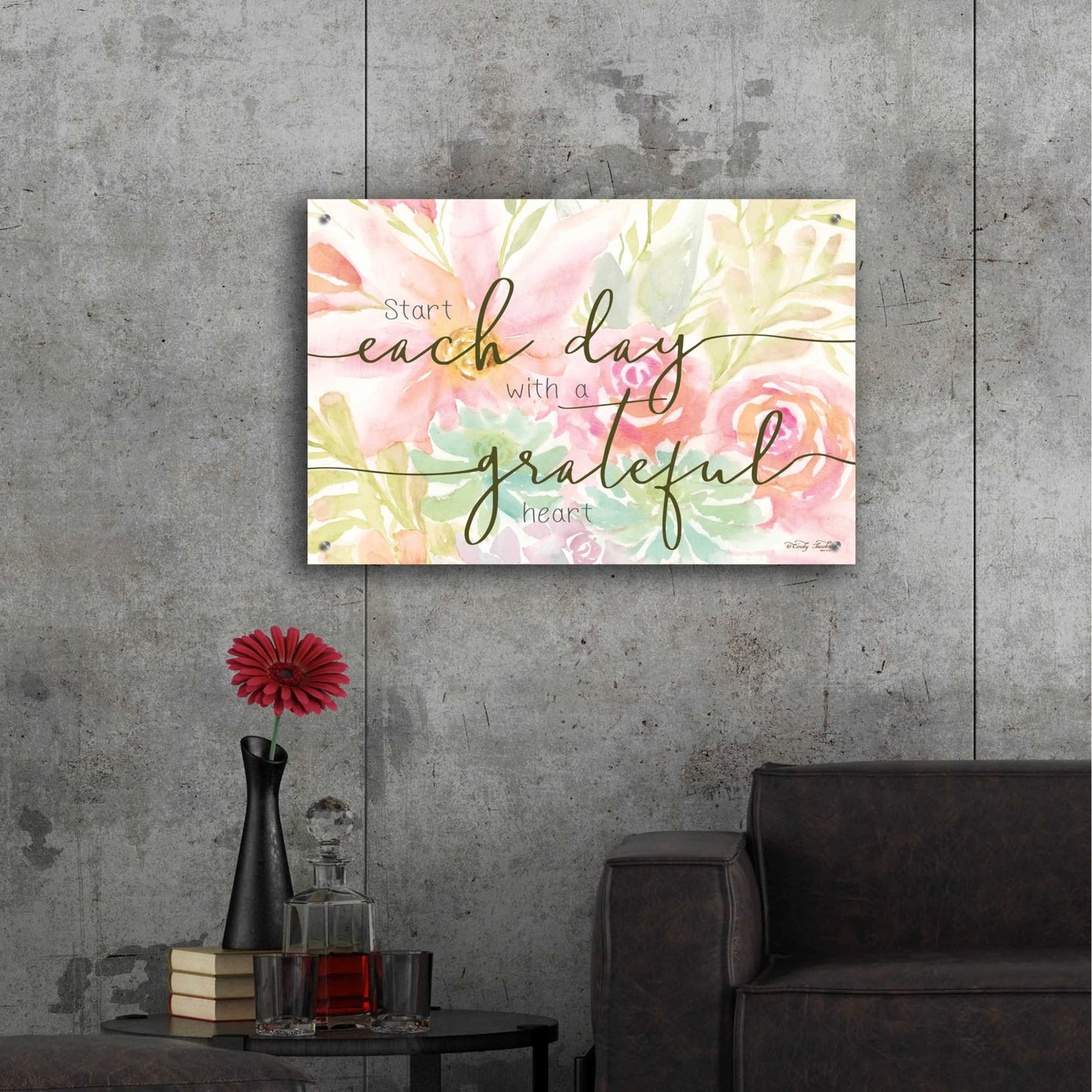 Epic Art 'Floral Grateful Heart' by Cindy Jacobs, Acrylic Glass Wall Art,36x24