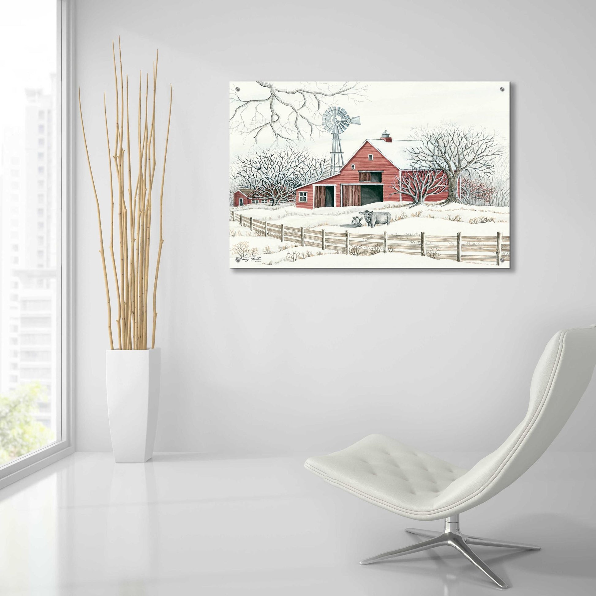 Epic Art 'Winter Barn with Windmill' by Cindy Jacobs, Acrylic Glass Wall Art,36x24