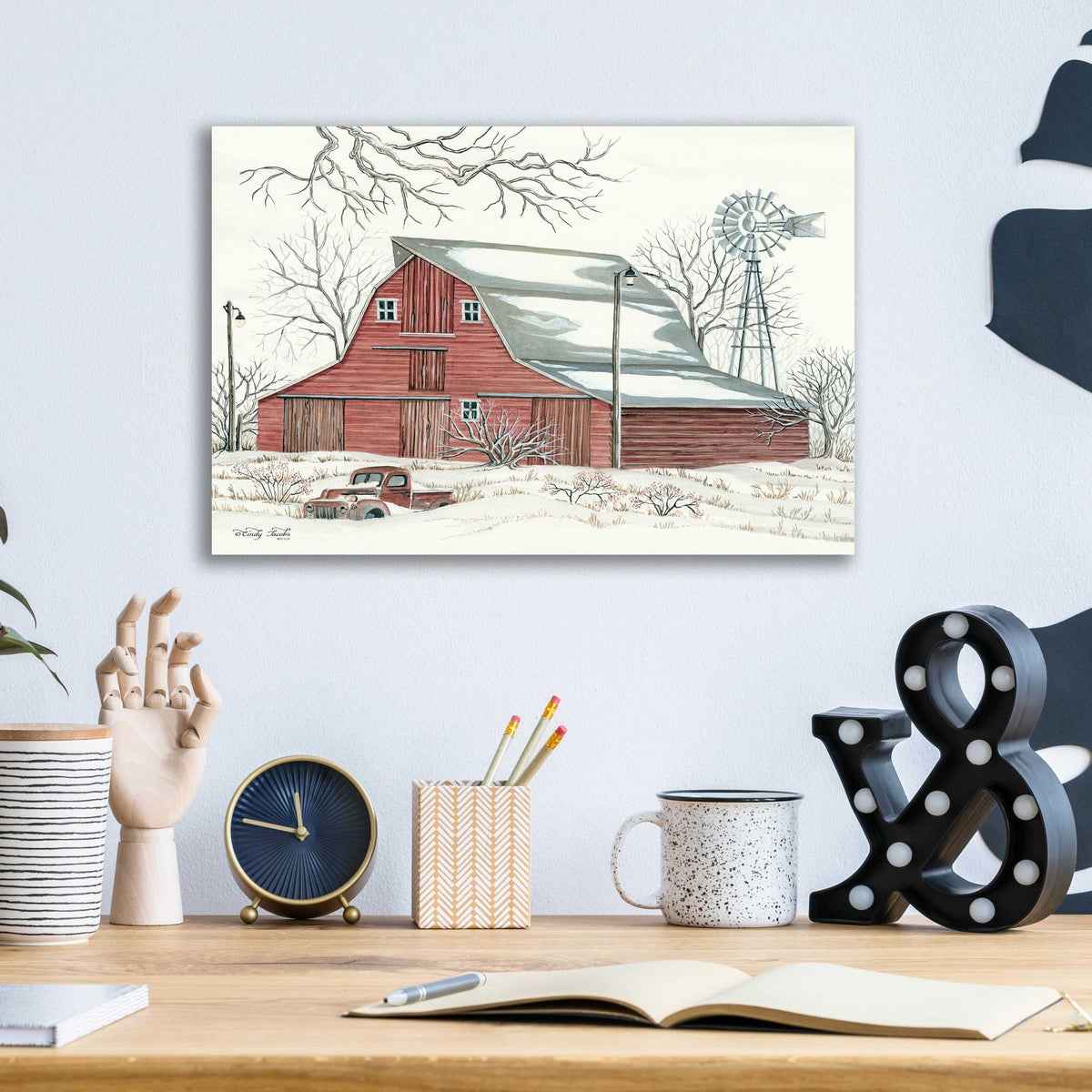 Epic Art 'Winter Barn with Pickup Truck' by Cindy Jacobs, Acrylic Glass Wall Art,16x12