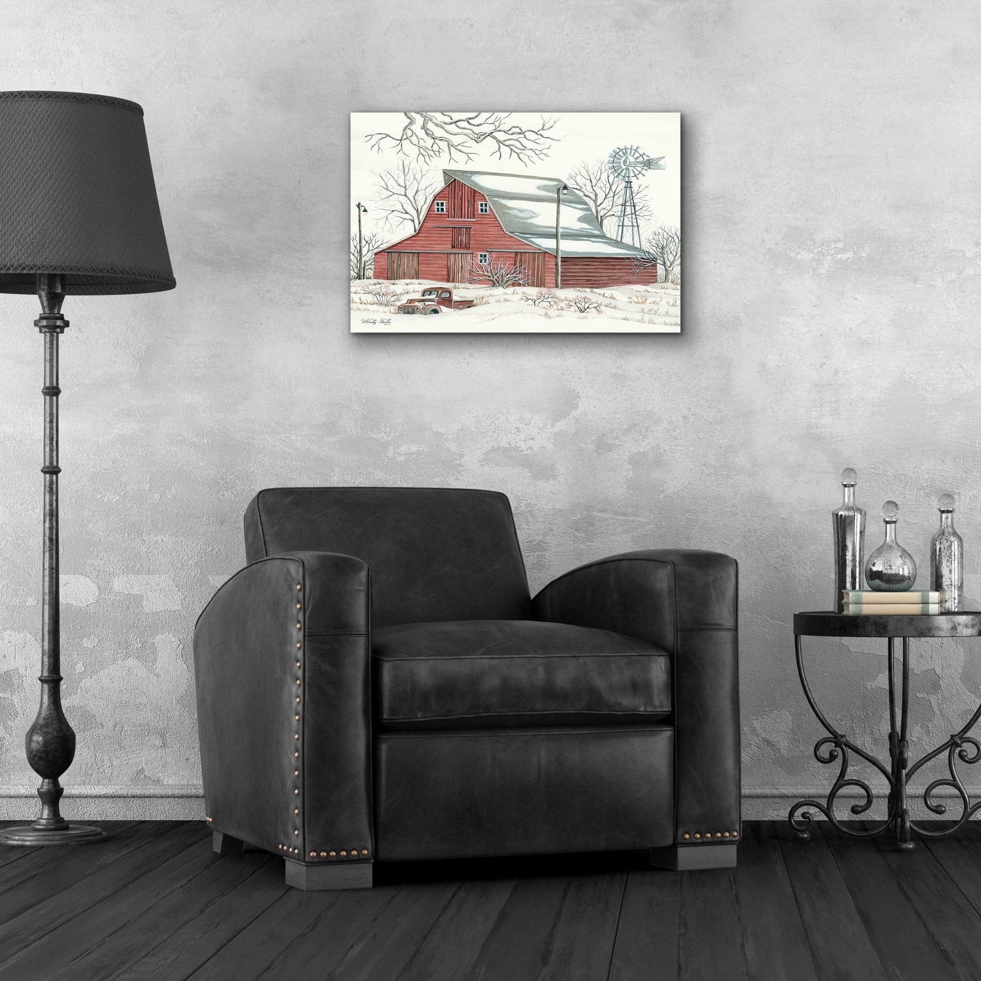 Epic Art 'Winter Barn with Pickup Truck' by Cindy Jacobs, Acrylic Glass Wall Art,24x16