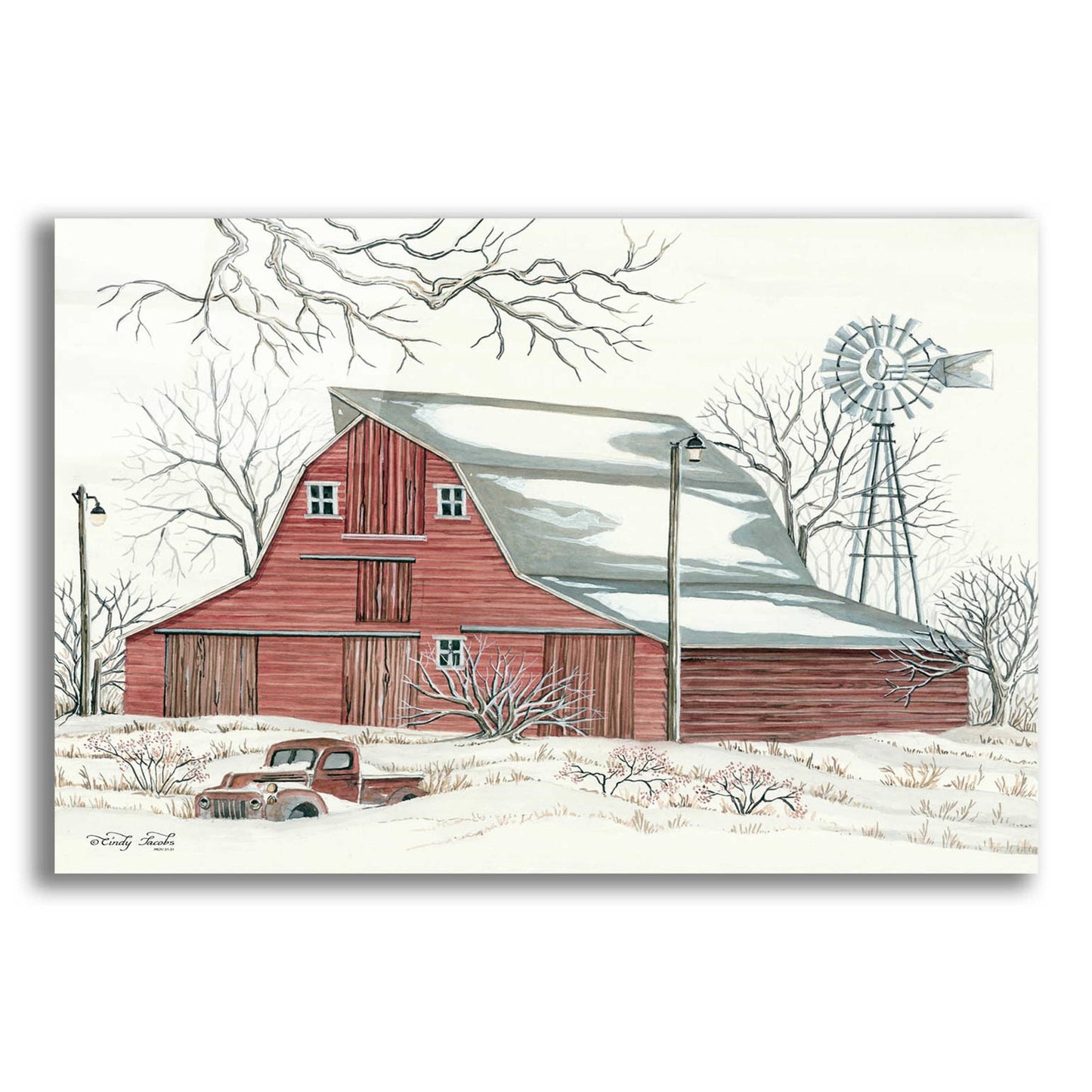 Epic Art 'Winter Barn with Pickup Truck' by Cindy Jacobs, Acrylic Glass Wall Art,24x16