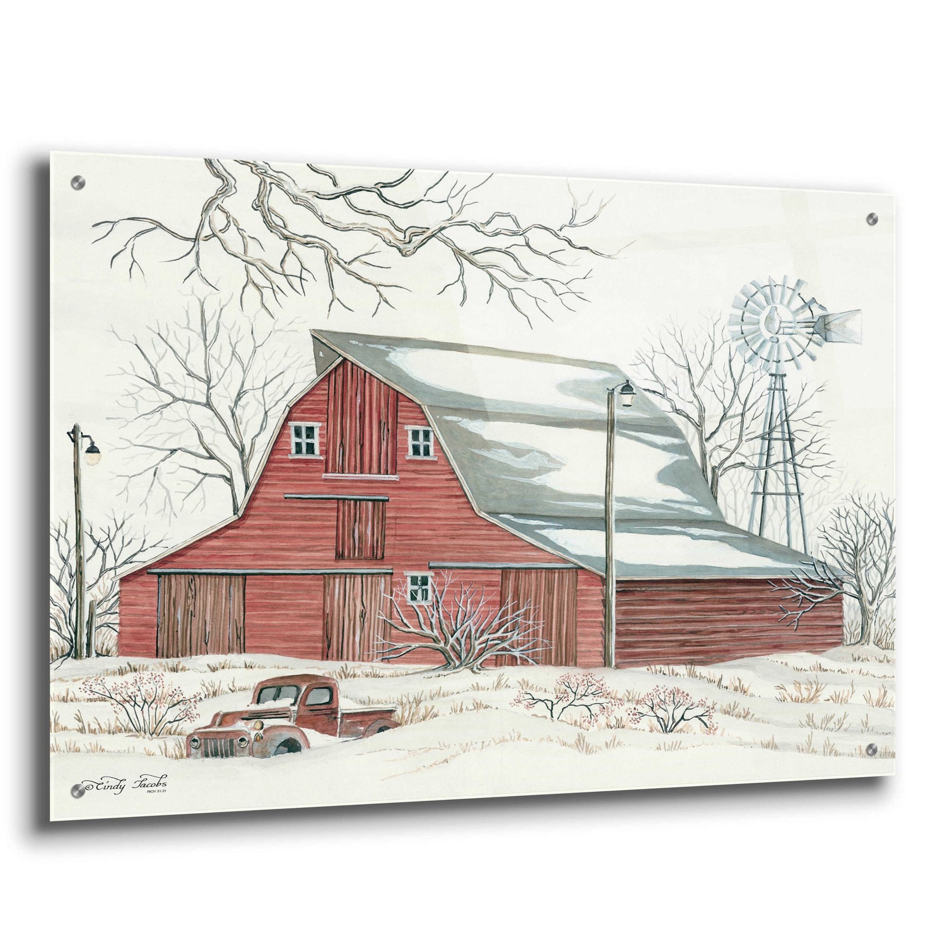 Epic Art 'Winter Barn with Pickup Truck' by Cindy Jacobs, Acrylic Glass Wall Art,36x24