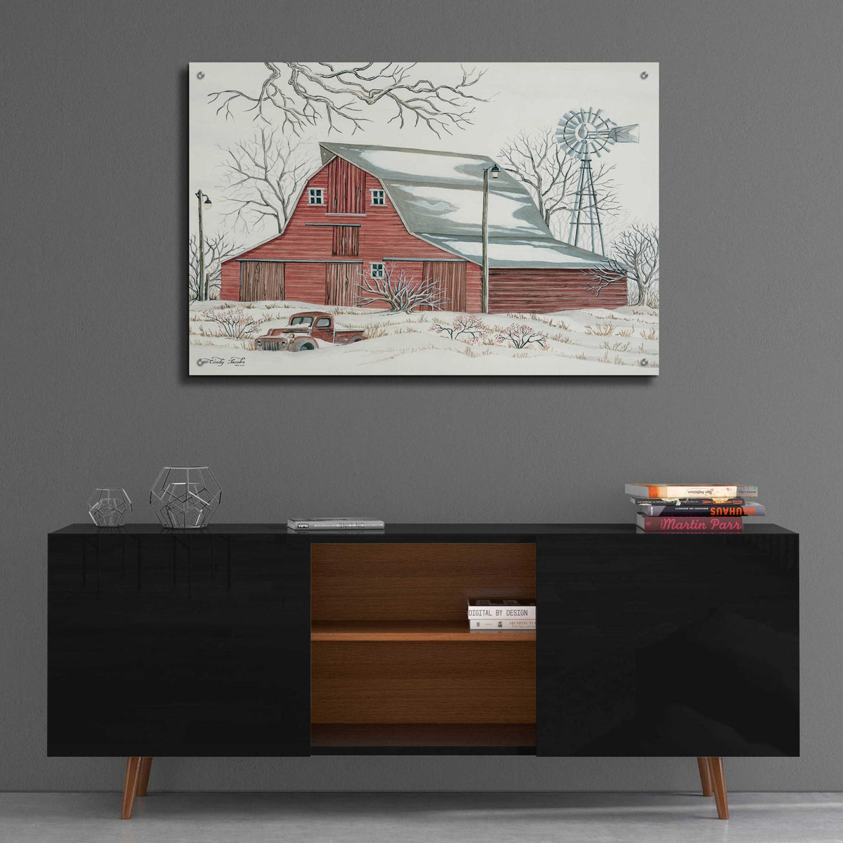 Epic Art 'Winter Barn with Pickup Truck' by Cindy Jacobs, Acrylic Glass Wall Art,36x24