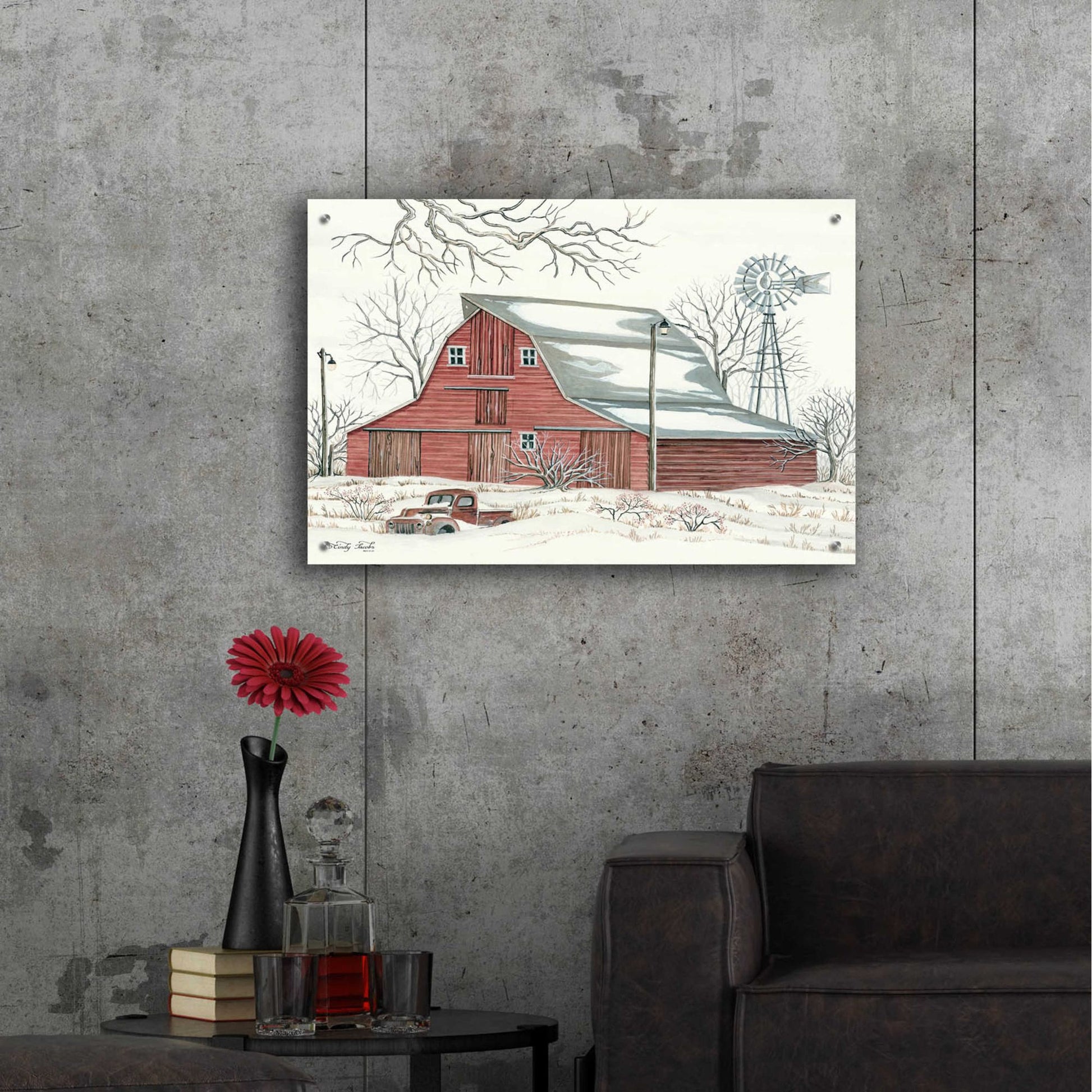 Epic Art 'Winter Barn with Pickup Truck' by Cindy Jacobs, Acrylic Glass Wall Art,36x24